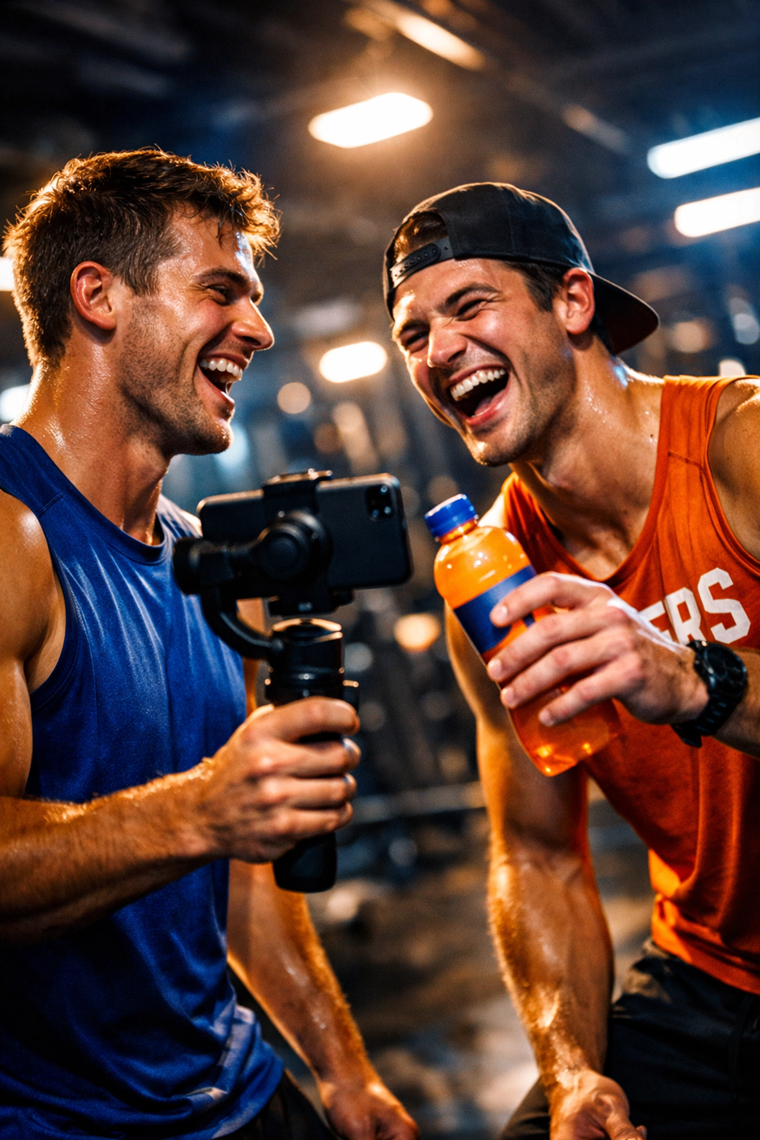 Two college athletes collaborating on authentic NIL brand content together in gym