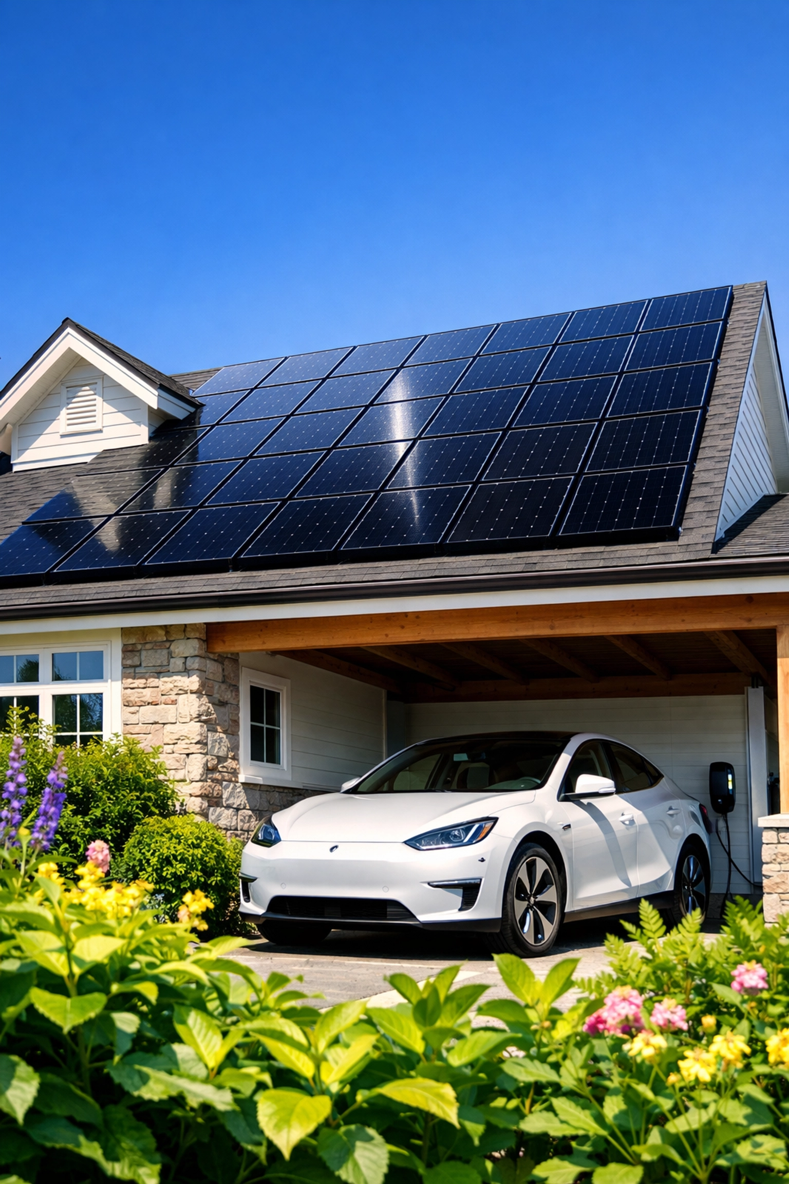 Residential solar panels on a house roof providing sustainable power for an electric car.