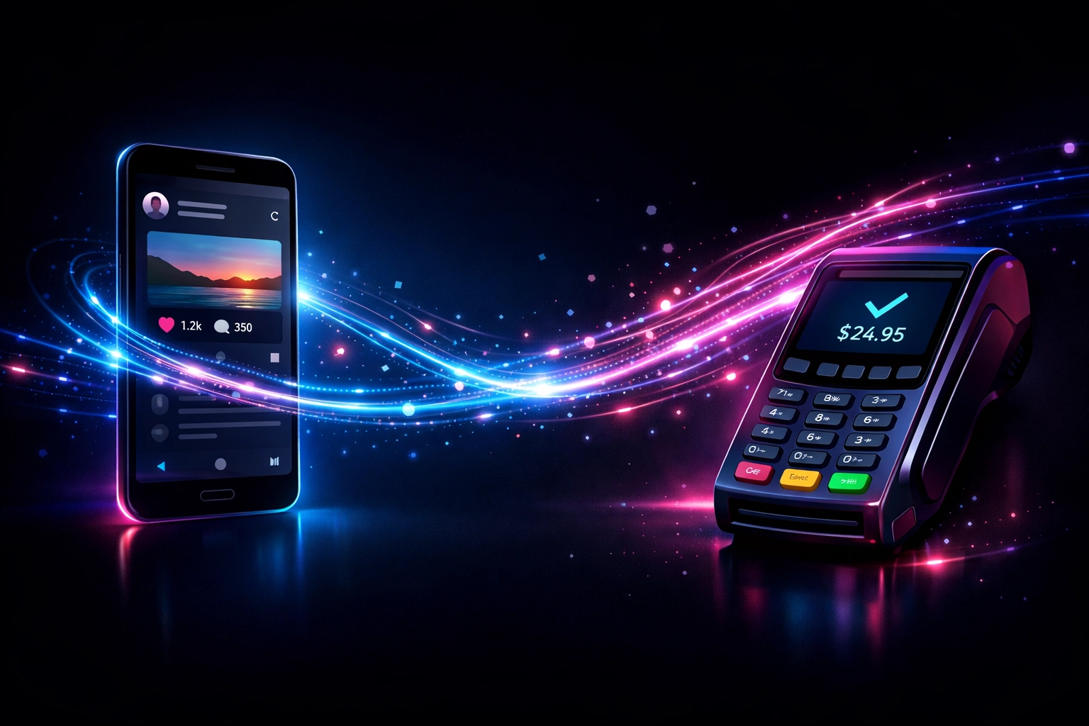 Social media post connected to POS terminal demonstrating attribution tracking system