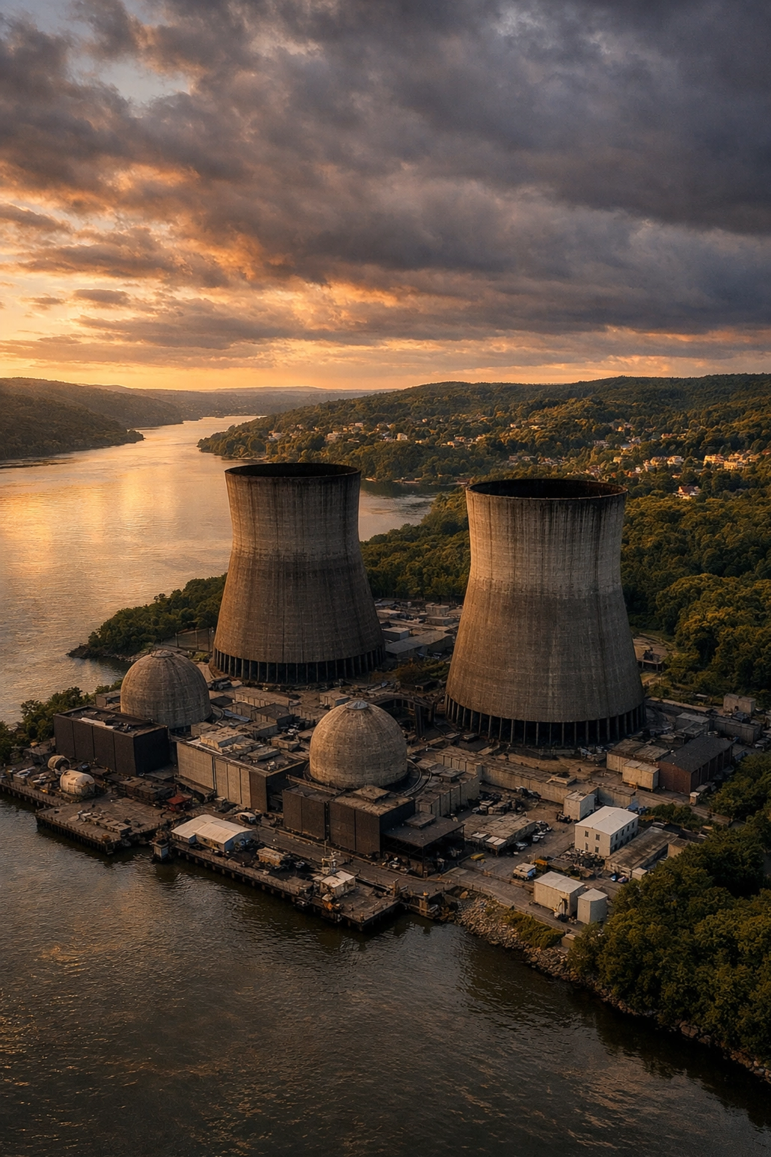 Indian Point nuclear power plant on Hudson River before closure that supplied 25% of NY electricity