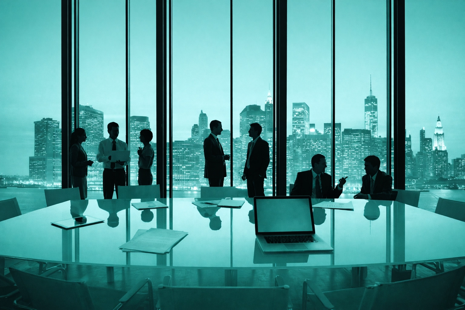 Corporate boardroom with executives reviewing transformation strategy and change management challenges.