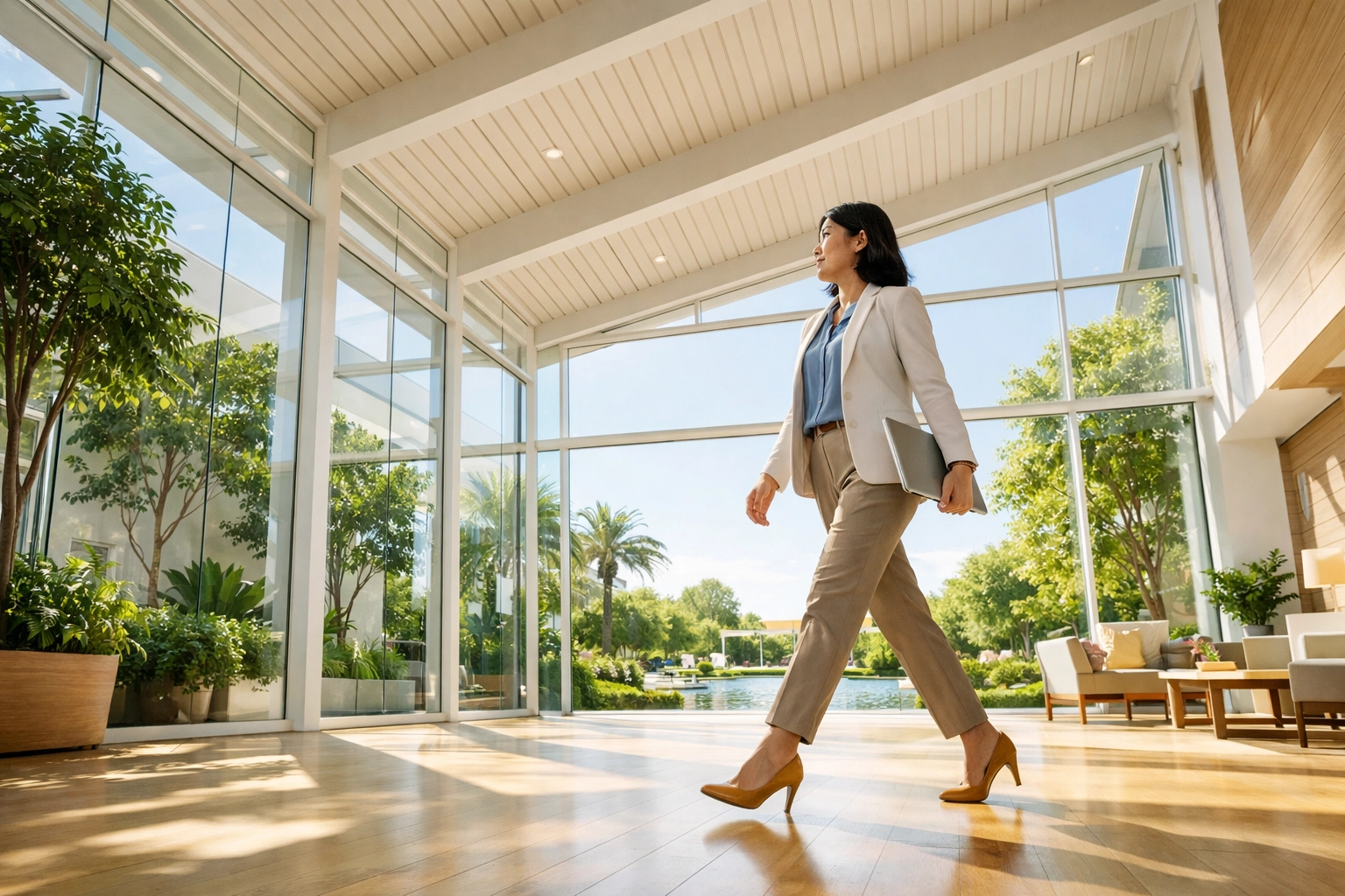 A confident professional walking through a bright office representing business growth and scaling success.