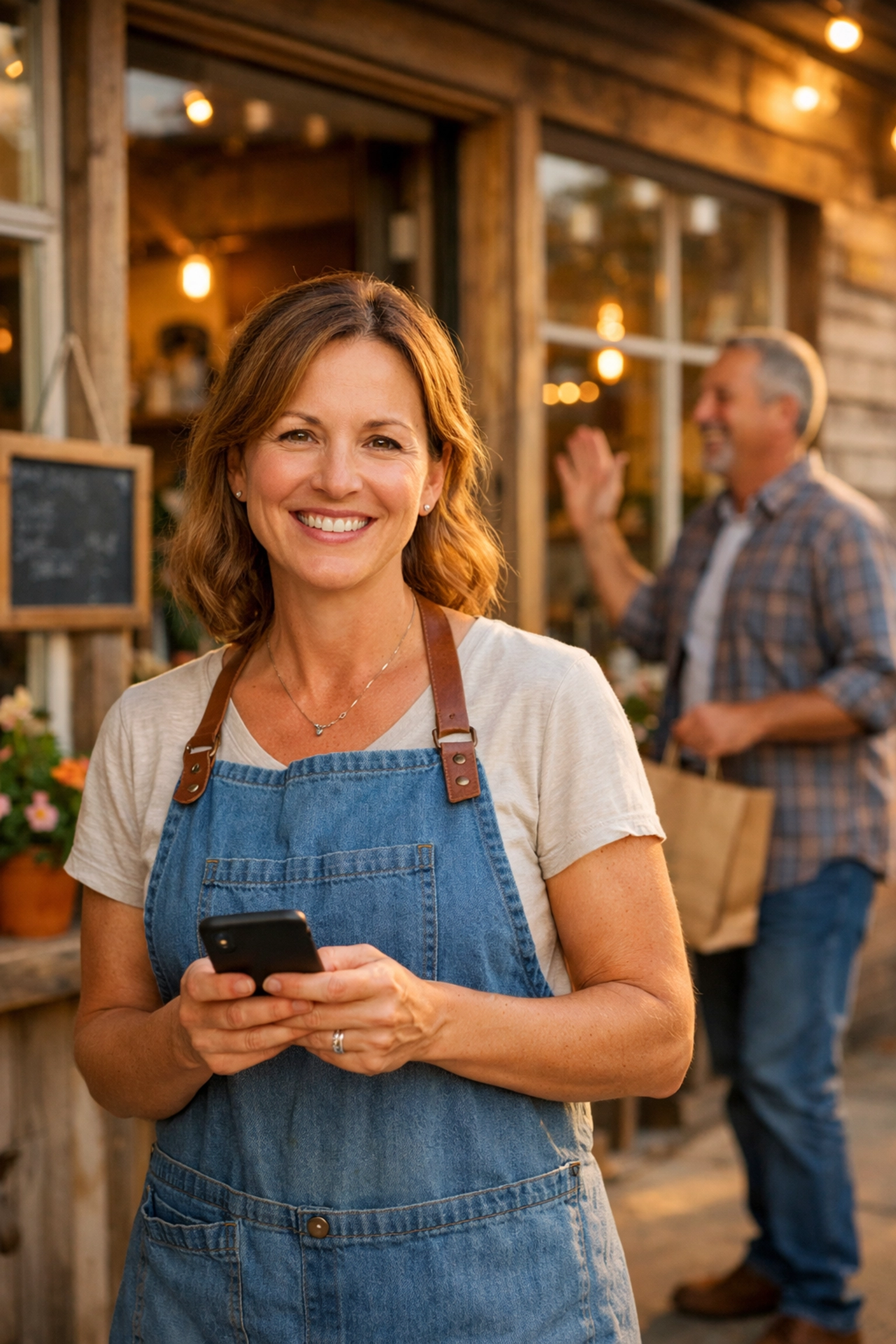Small business owner with smartphone managing customer reviews at local storefront
