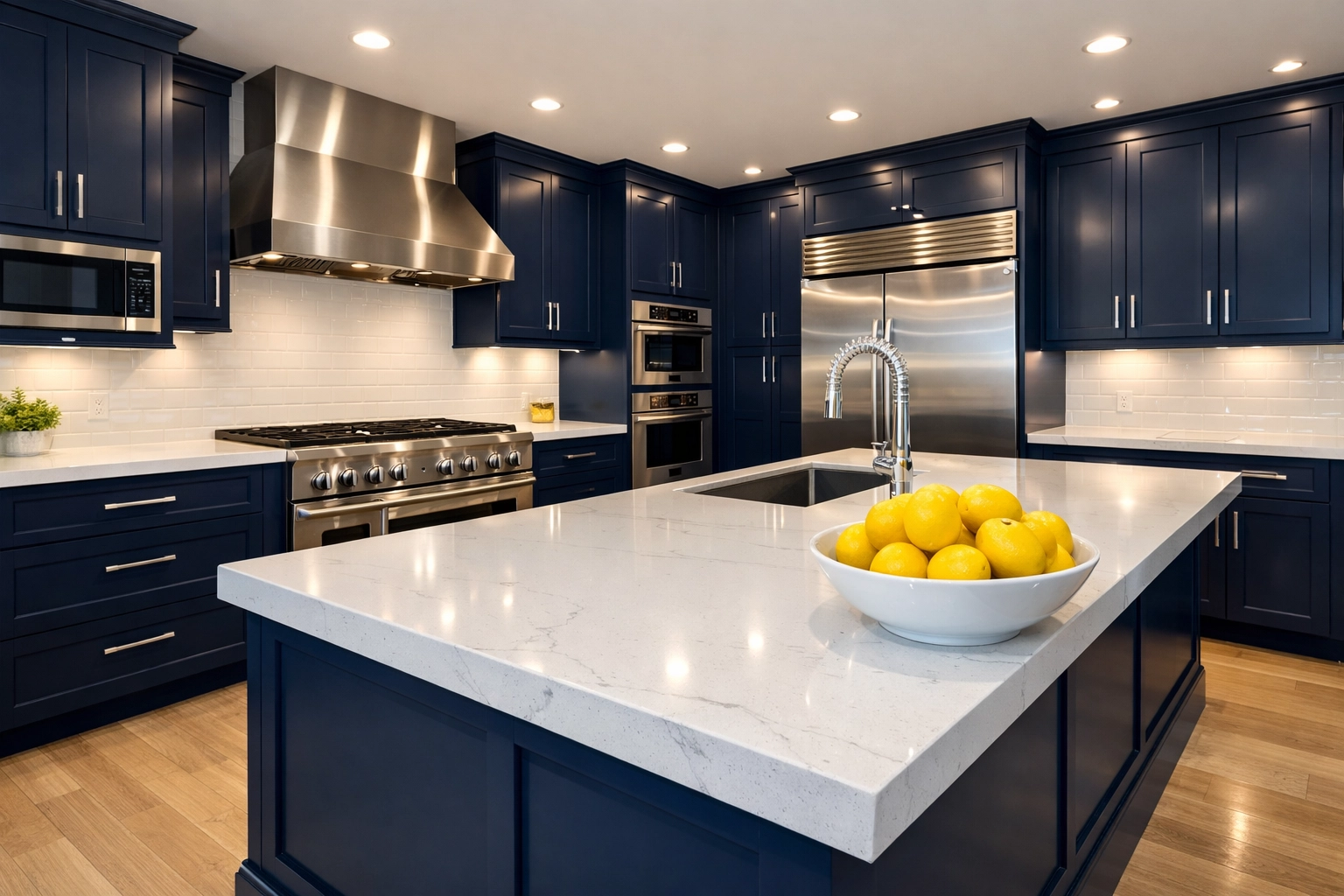 Professionally cleaned luxury kitchen in Lunenburg with sparkling countertops and blue cabinets.