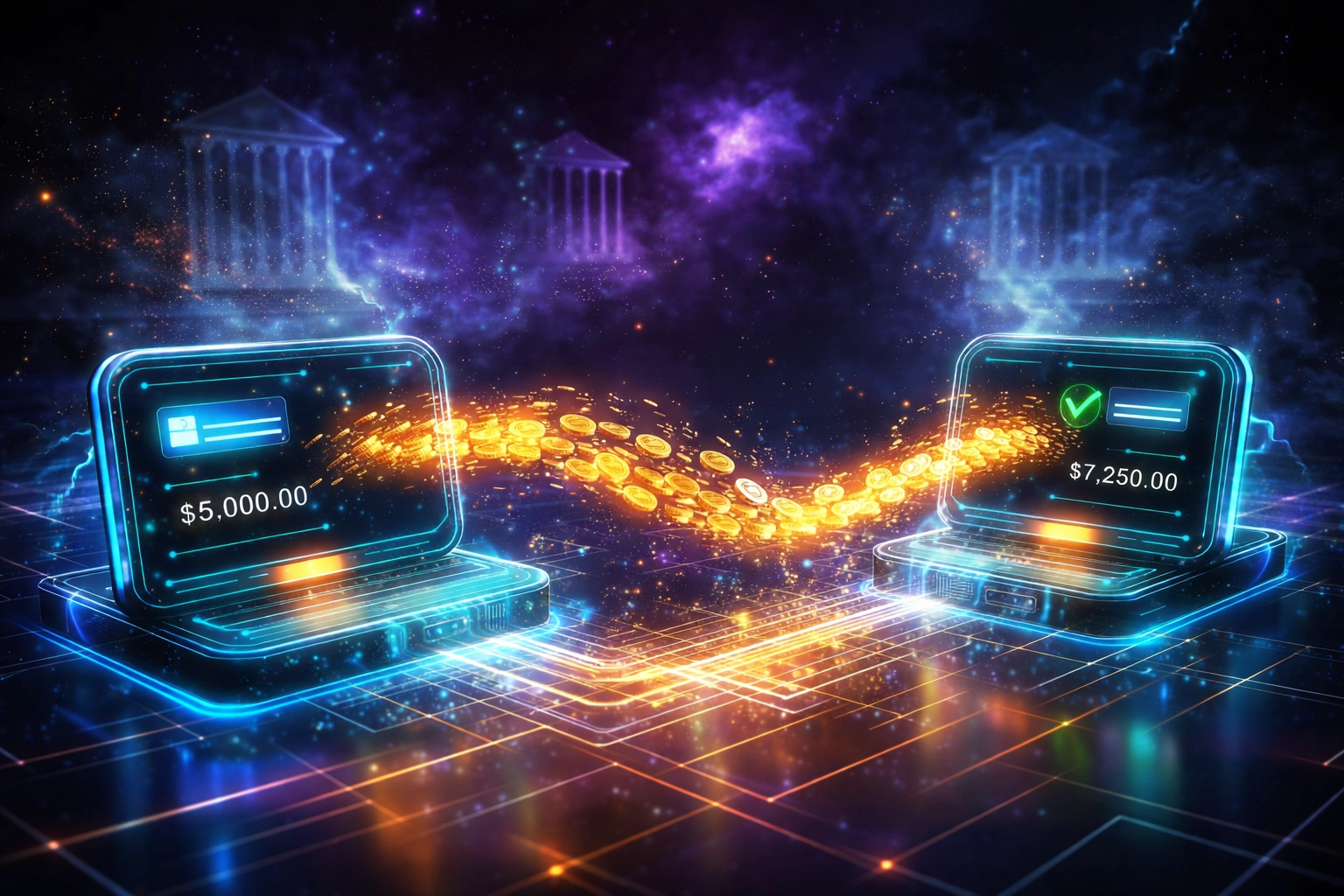 Blockchain payment flow illustrating direct crypto transfers between wallets, eliminating banks and reducing merchant interchange fees