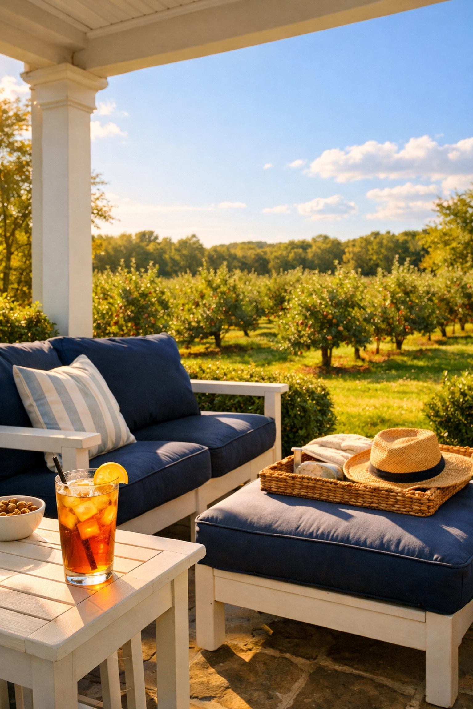 Relaxing Stow MA back porch overlooking an orchard, freed from weekend chores by professional cleaners.