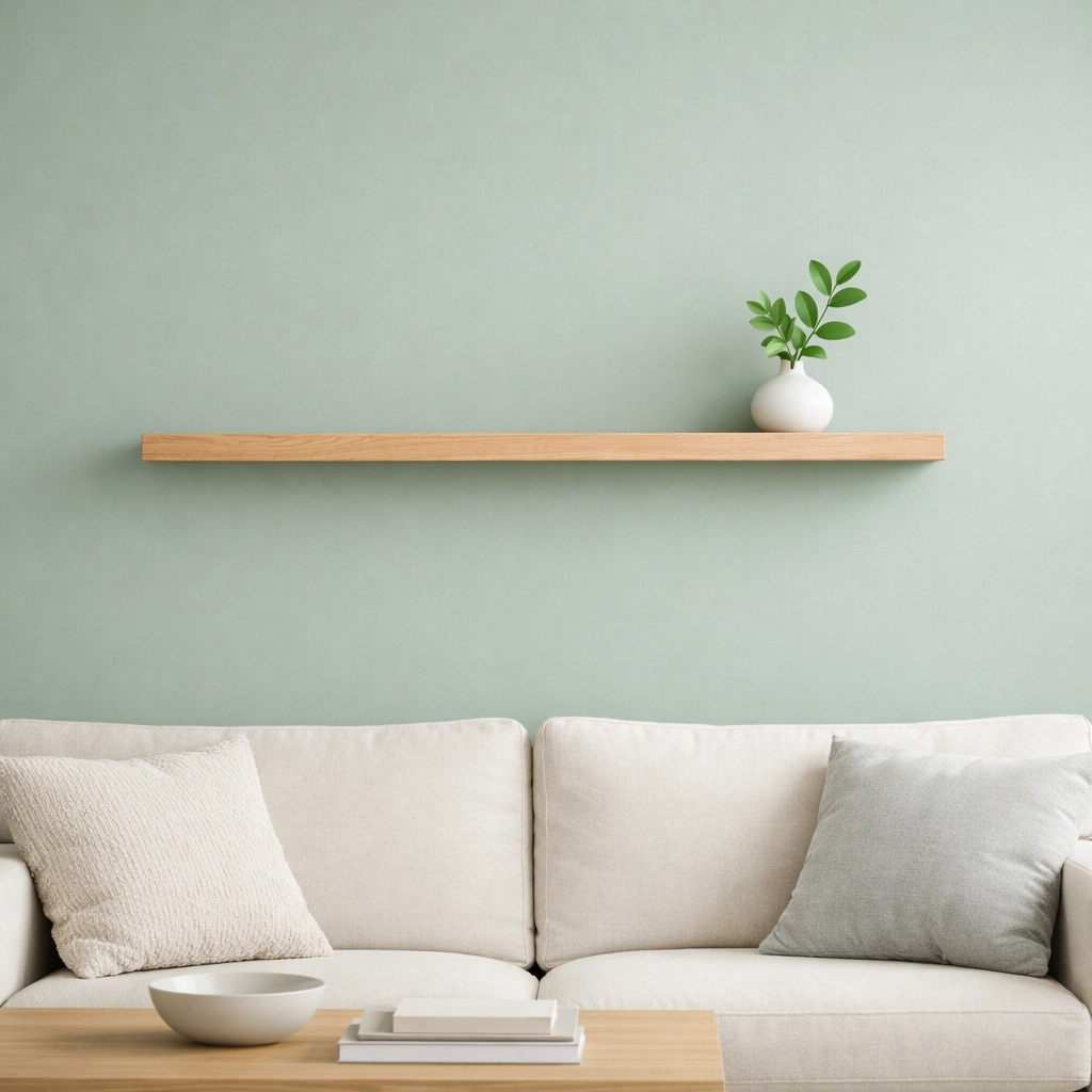 Modern living room with a heritage sage green accent wall and minimalist decor in a Cheltenham home.