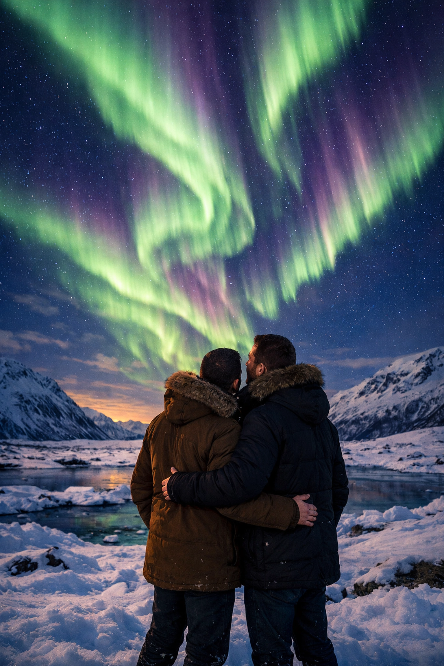 Gay couple viewing Northern Lights Aurora Borealis in Iceland winter landscape