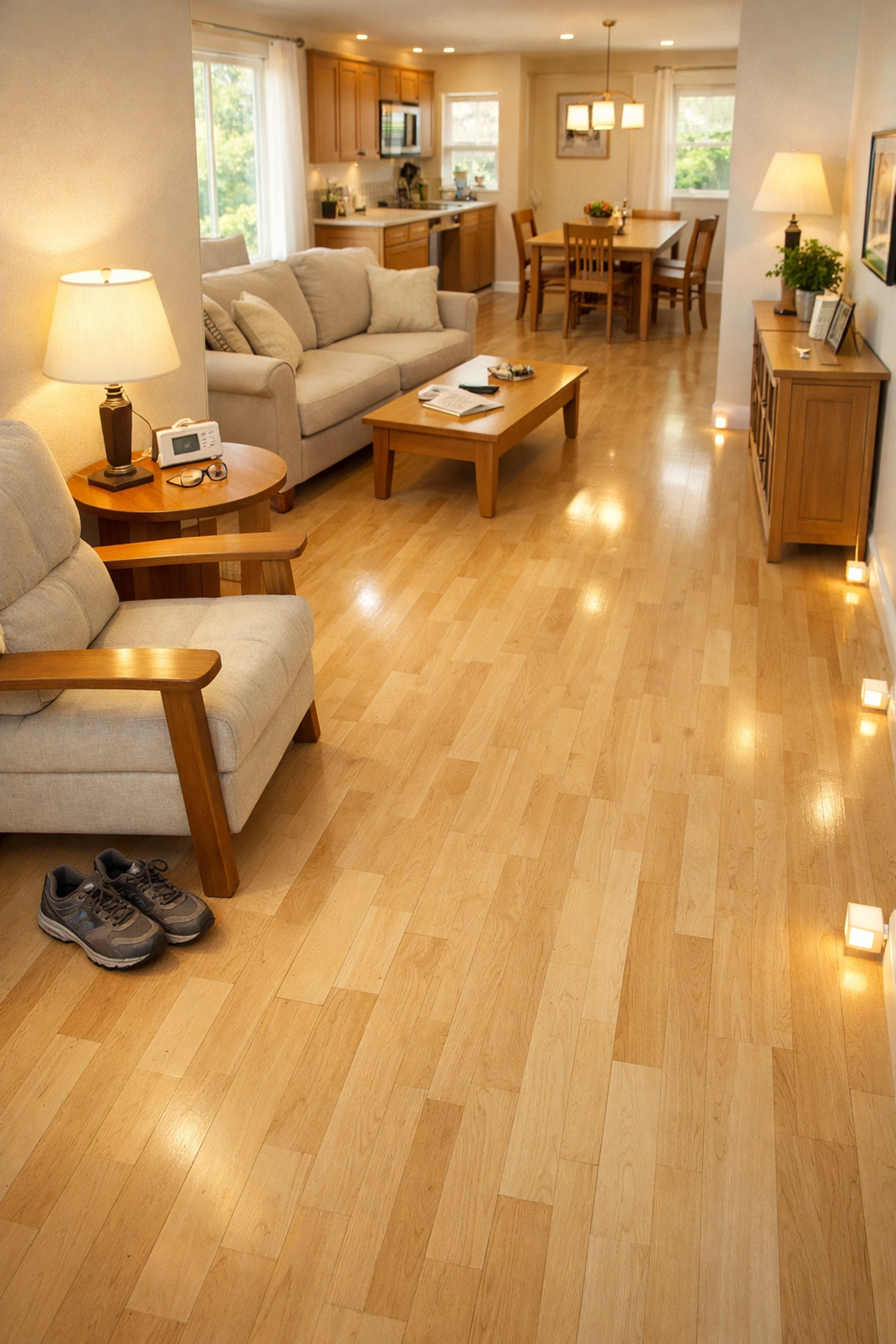A safe, fall-proofed living room with clear walking paths and supportive shoes for seniors.