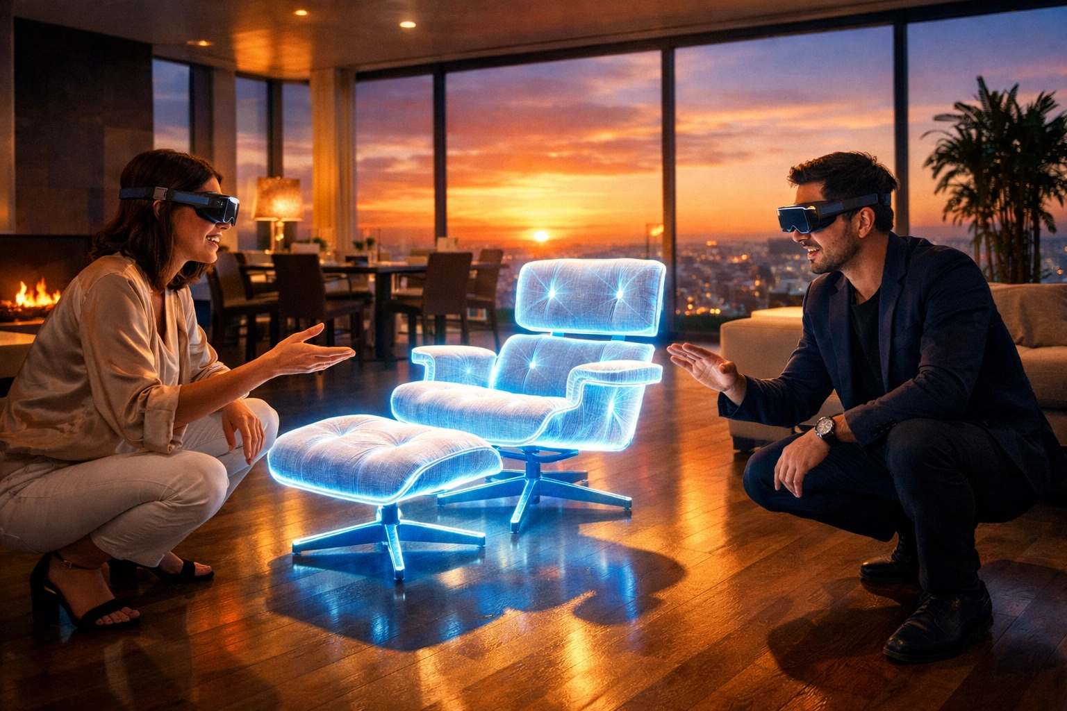 Friends using AR headsets to preview a 3D furniture hologram in a living room for social metaverse shopping.