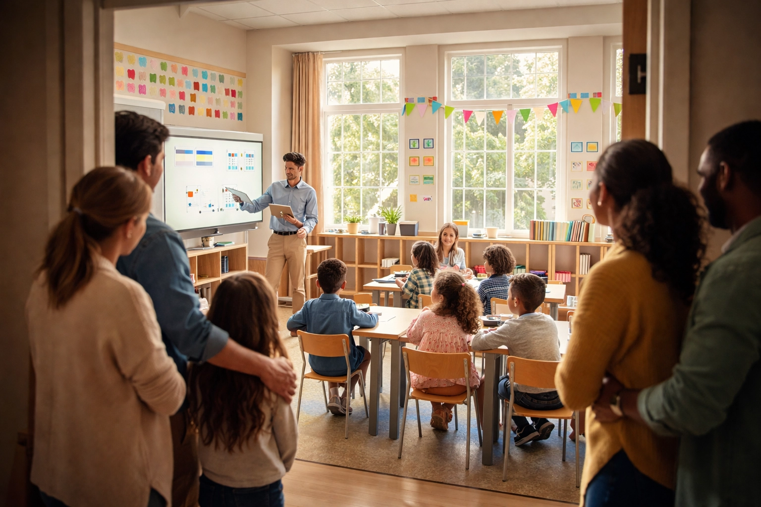 Parents et enfants lors d'une journée portes ouvertes dans une école privée, découvrant une salle de classe innovante et accueillante