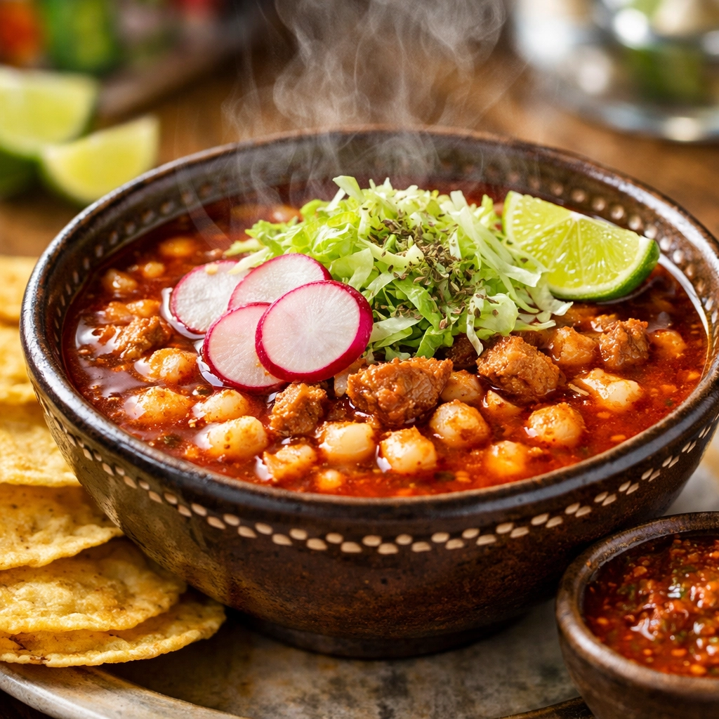 A hot bowl of traditional Mexican pozole, a delicious and cheap eat for budget travelers in Mexico City.