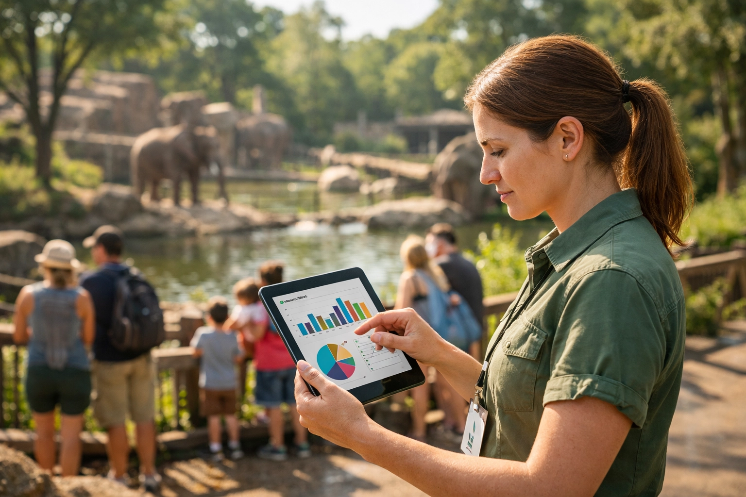 Zoo marketing professional analyzing visitor data on tablet at wildlife exhibit
