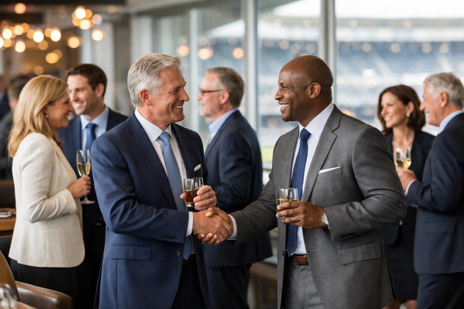 NEWSLETTER: The Fastest Way to Master Super Bowl Executive Logistics – Your 48-Hour Emergency Playbook for Game Day Success Business executives networking in upscale stadium lounge during Super Bowl event