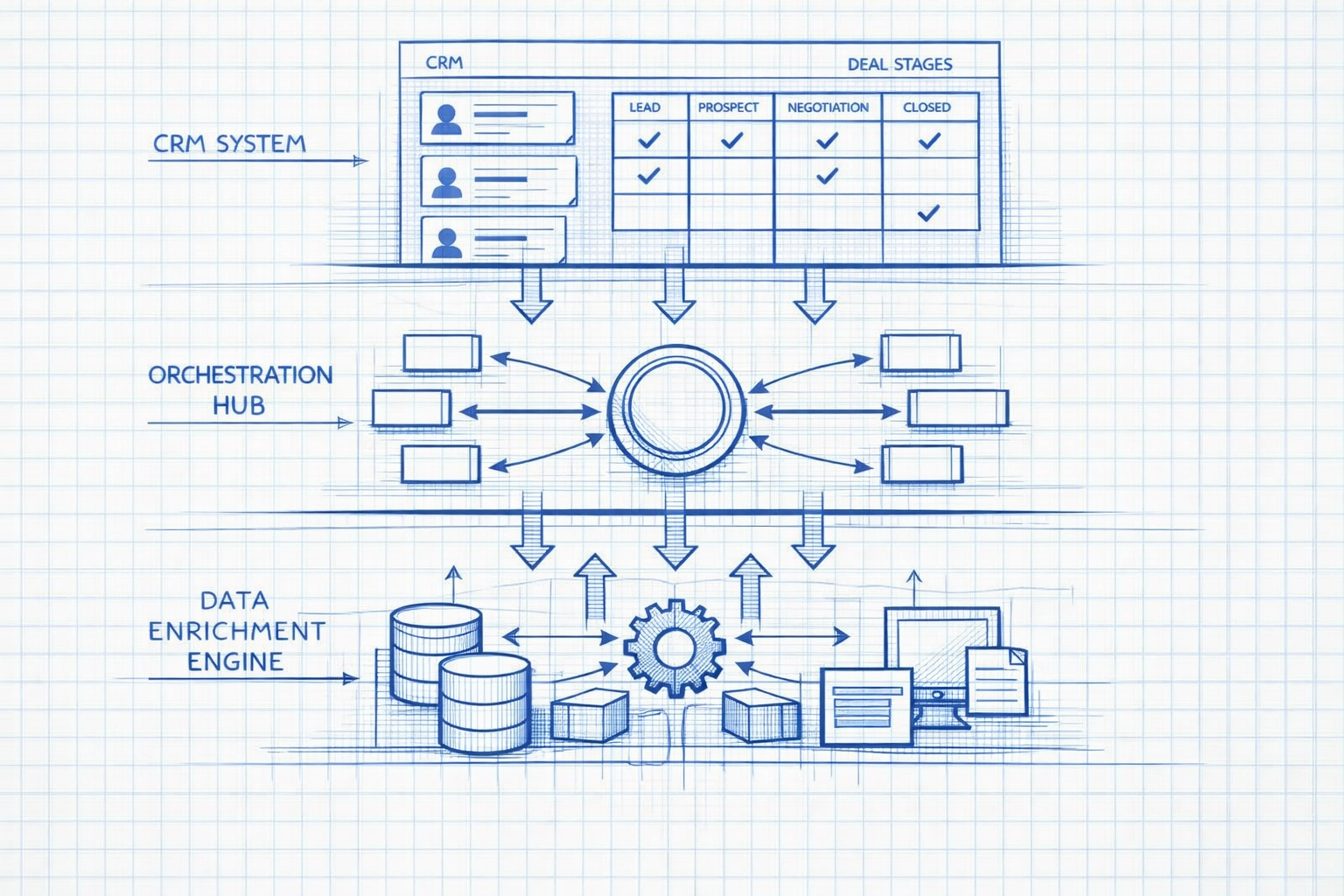 Three-layer sales automation stack showing CRM, orchestration hub, and data enrichment integration
