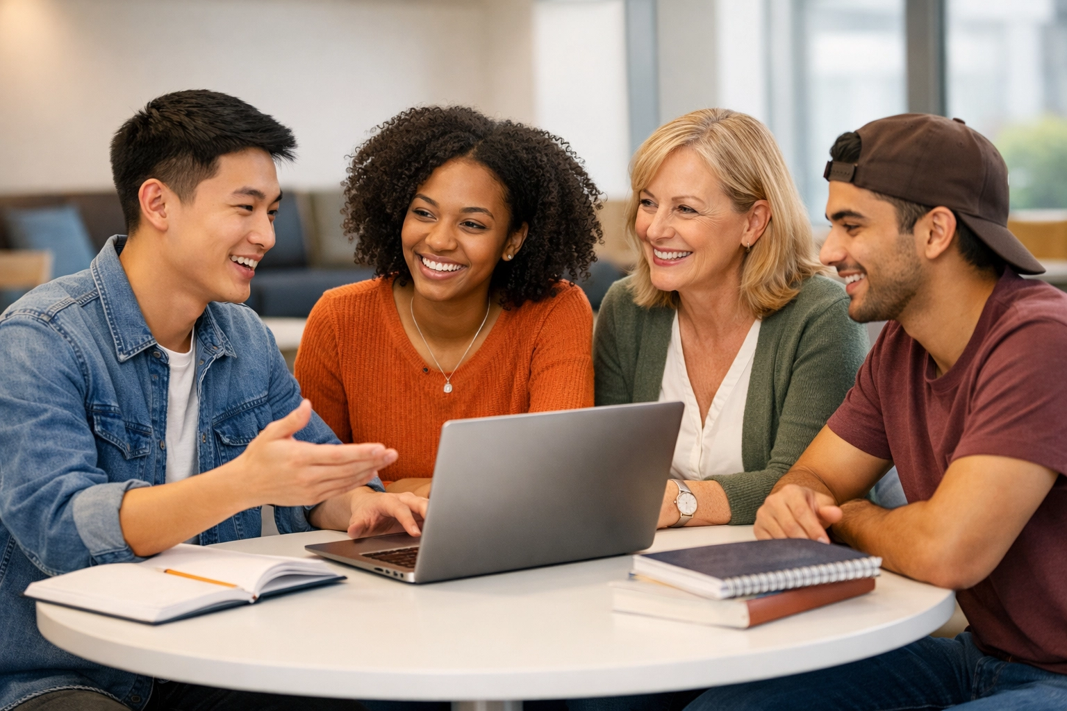 Students learning how to study for SAT writing and tone mastery in a collaborative lounge.