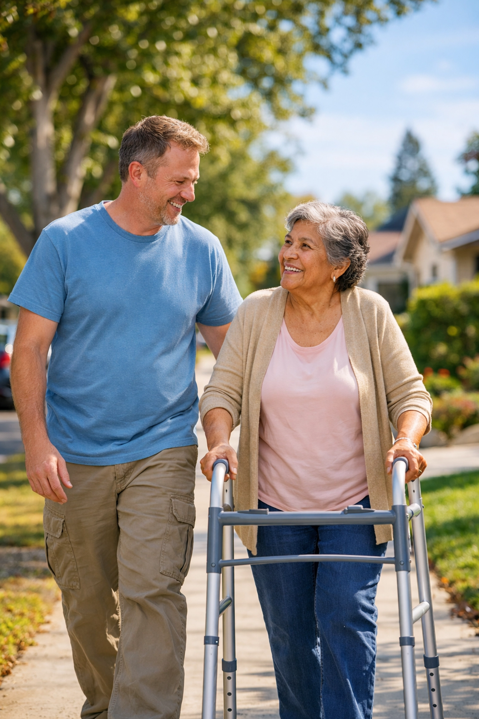 Caregiver supporting senior mobility and outdoor activities in Warrenton neighborhood