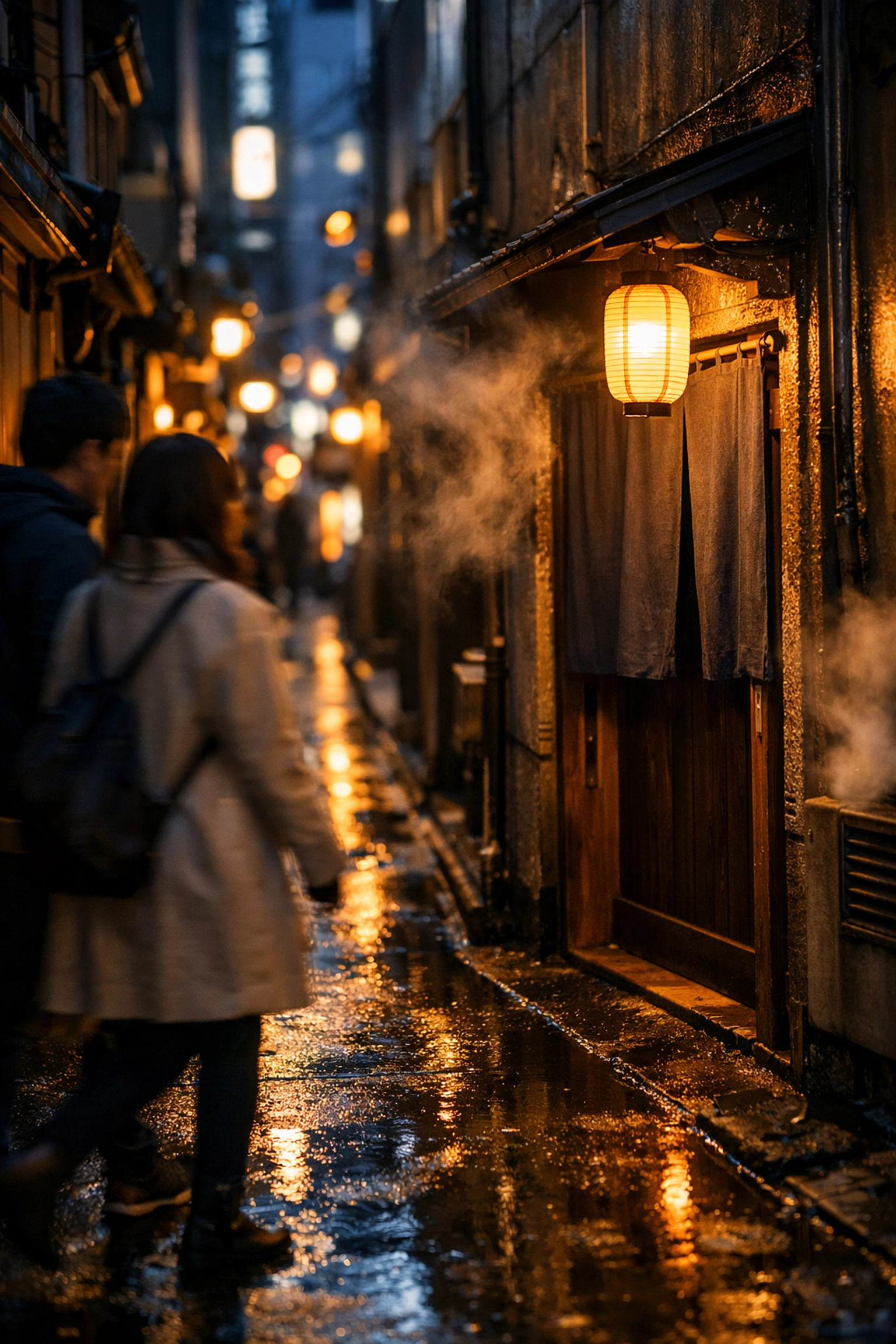 A glowing lantern at the entrance of a hidden Tokyo food spot in a quiet Shinjuku alley.