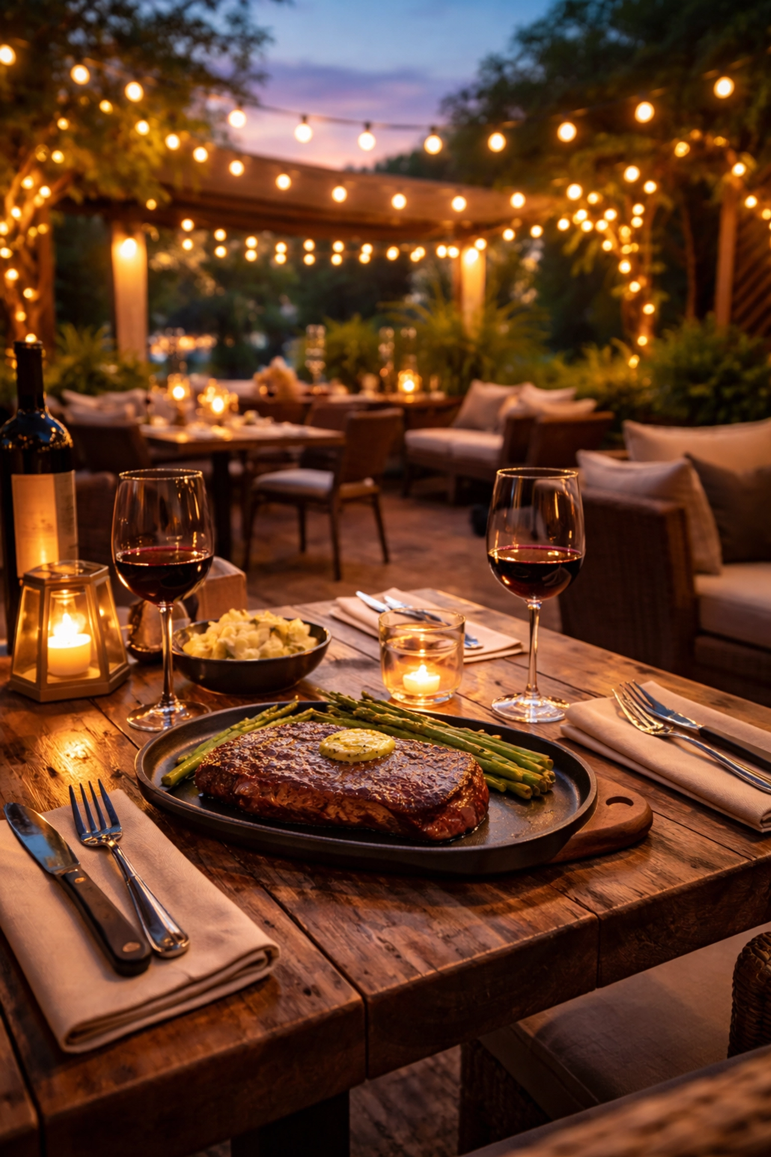 Romantic outdoor dining at Oscar's of Summerville steakhouse patio with string lights and wine, perfect for date night