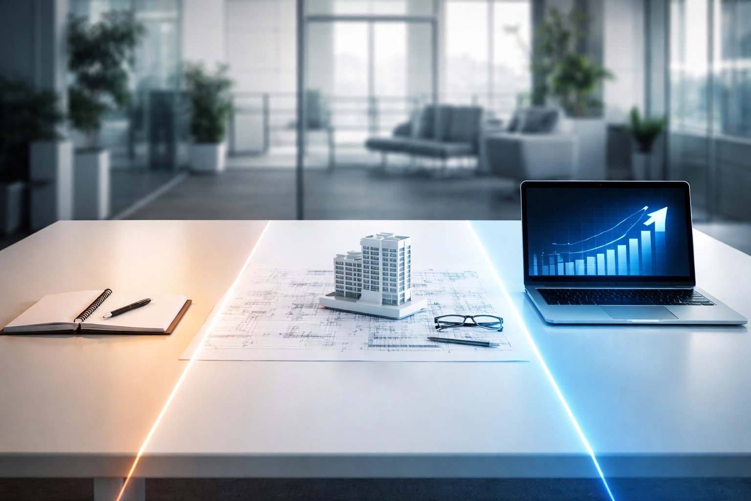 Corporate desk with assessment, design, and scaling tools illustrating a 30-60-90 day AI roadmap