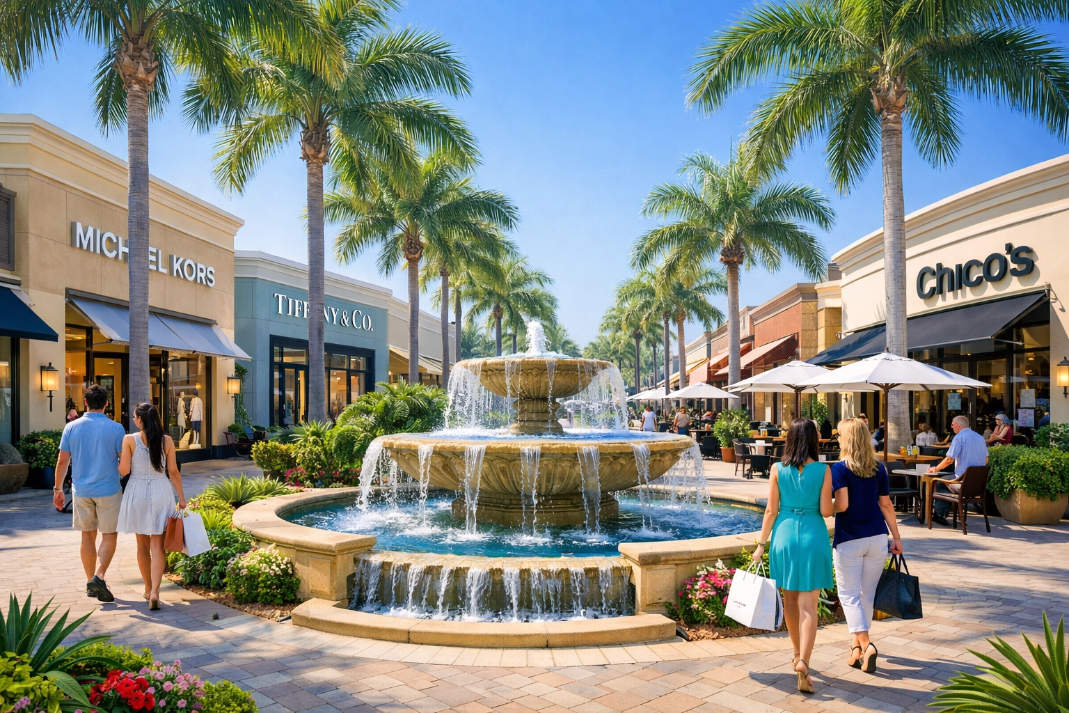 Coconut Point upscale outdoor shopping center in Estero with palm-lined walkways and fountains