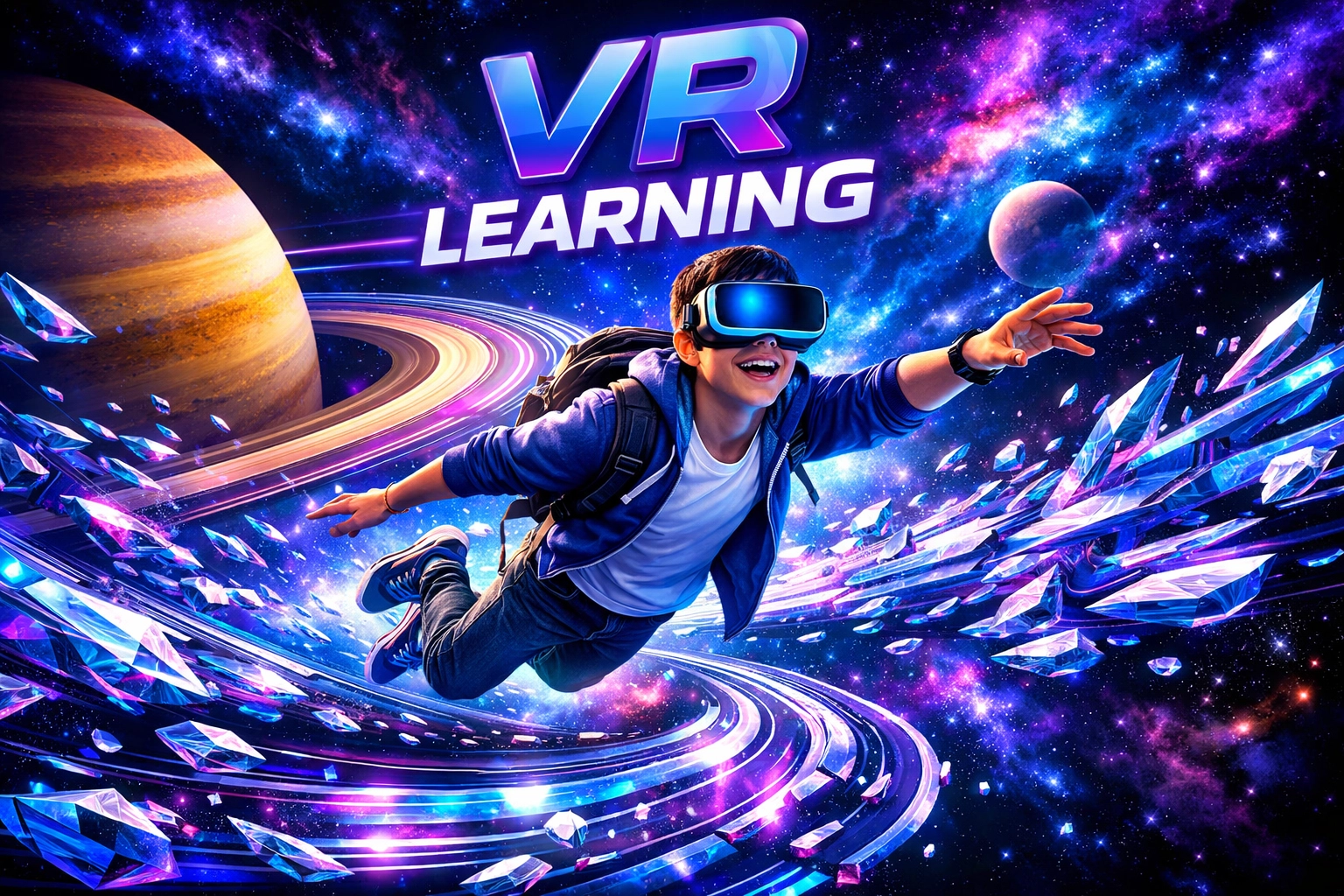 A student in a VR headset discovers the solar system through an immersive edutainment experience of Saturn.