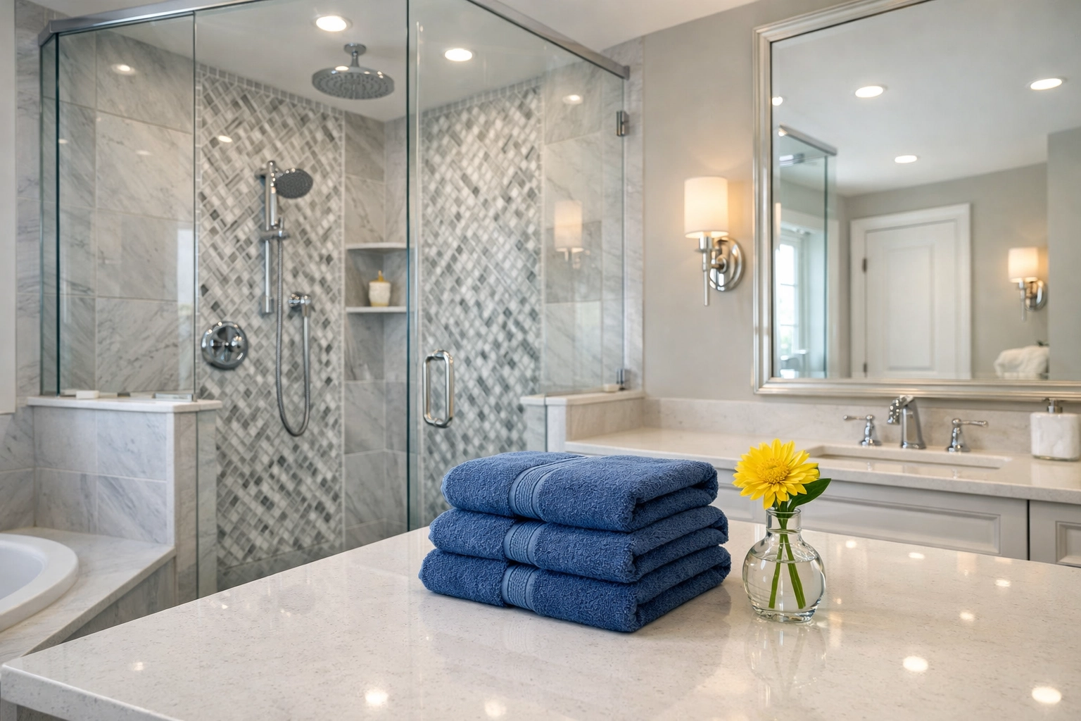 A sparkling luxury bathroom after a deep cleaning reset, featuring a polished vanity and clean glass shower.