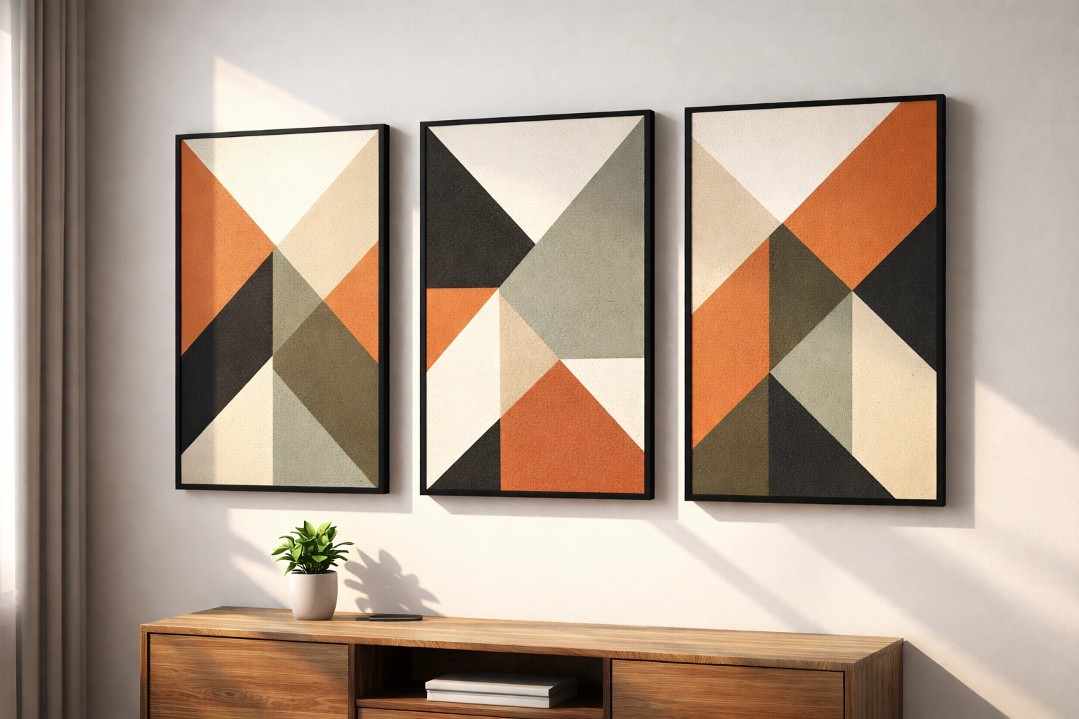 Modern living room featuring framed geometric printable wall art with triangles and color blocks