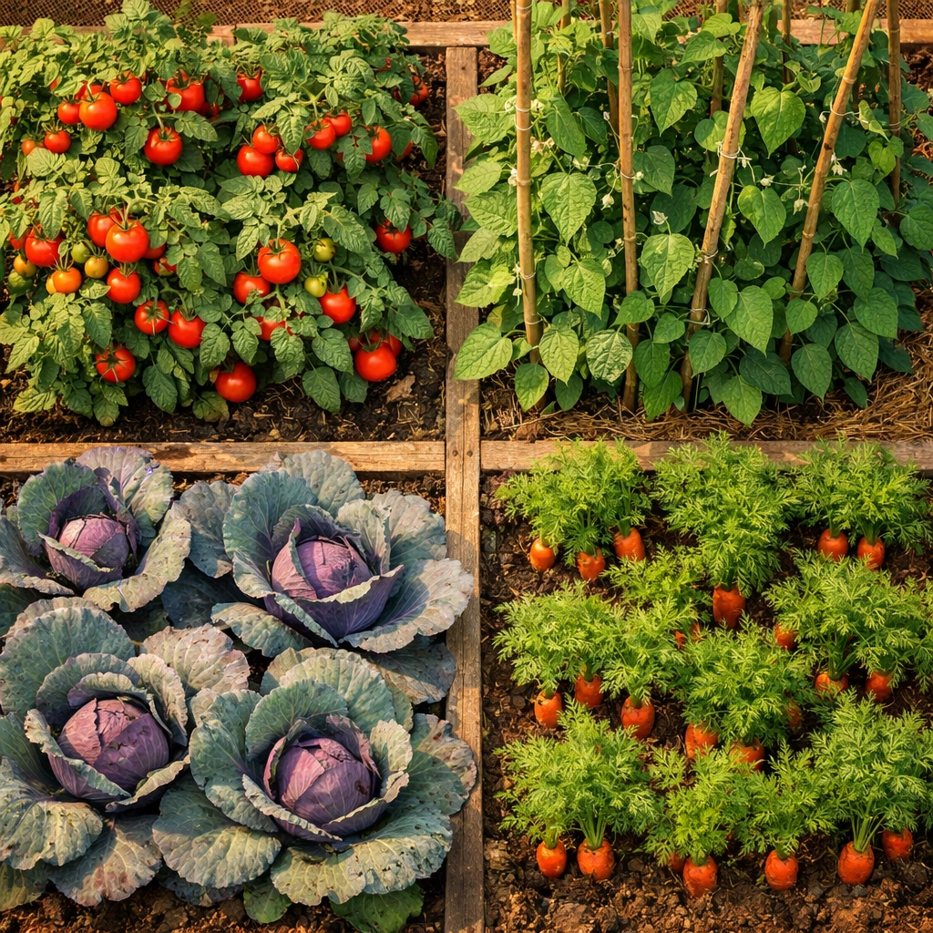 Overhead view of garden bed divided into quadrants with tomatoes, beans, cabbage and carrots for crop rotation