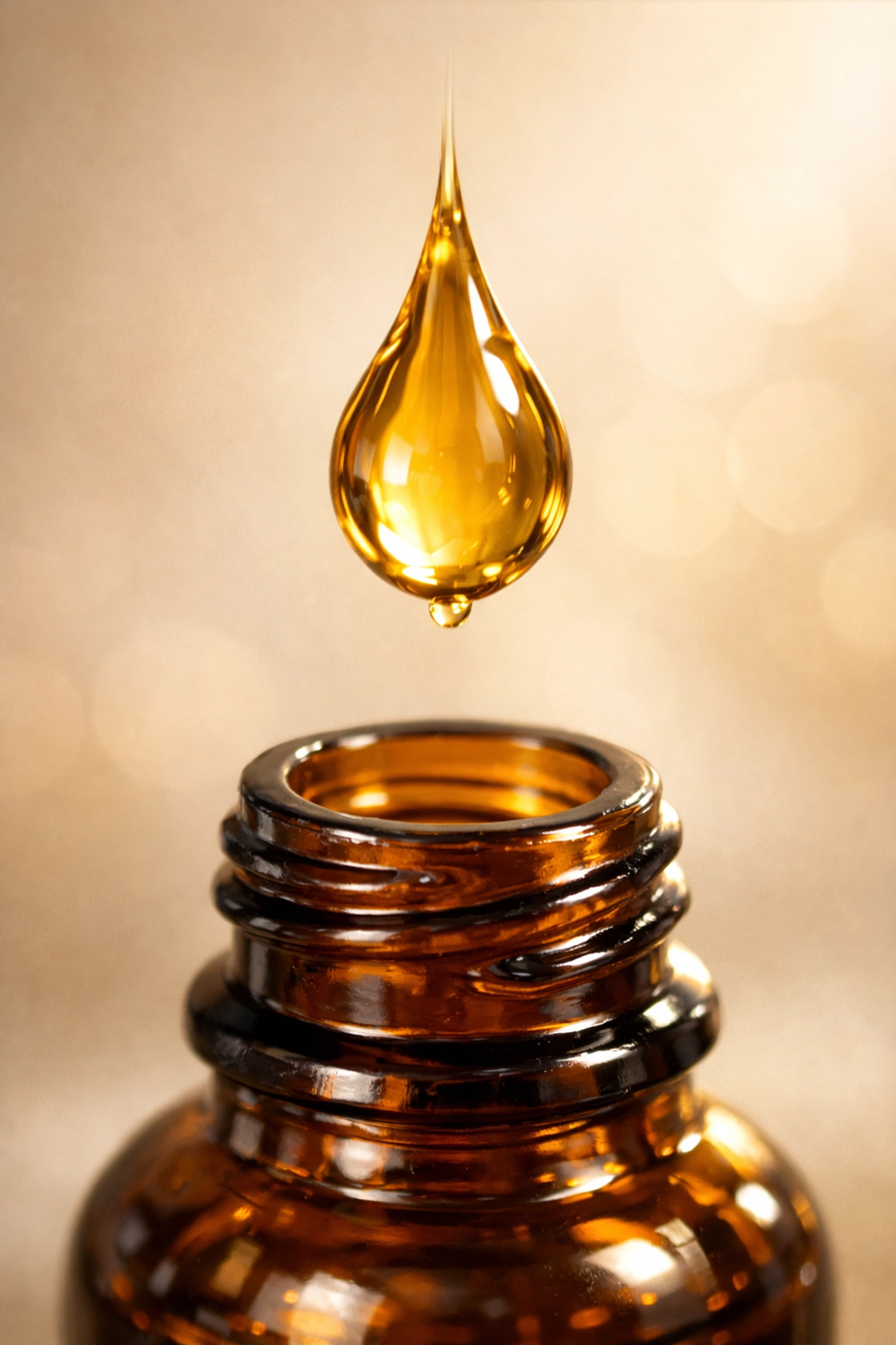 Drop of natural hair oil from amber bottle for moisture sealing
