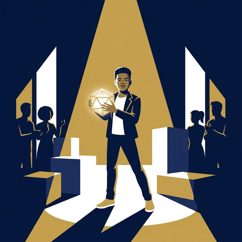 Confident student center stage with supportive cast, showcasing real-world skills from kids theatre programs