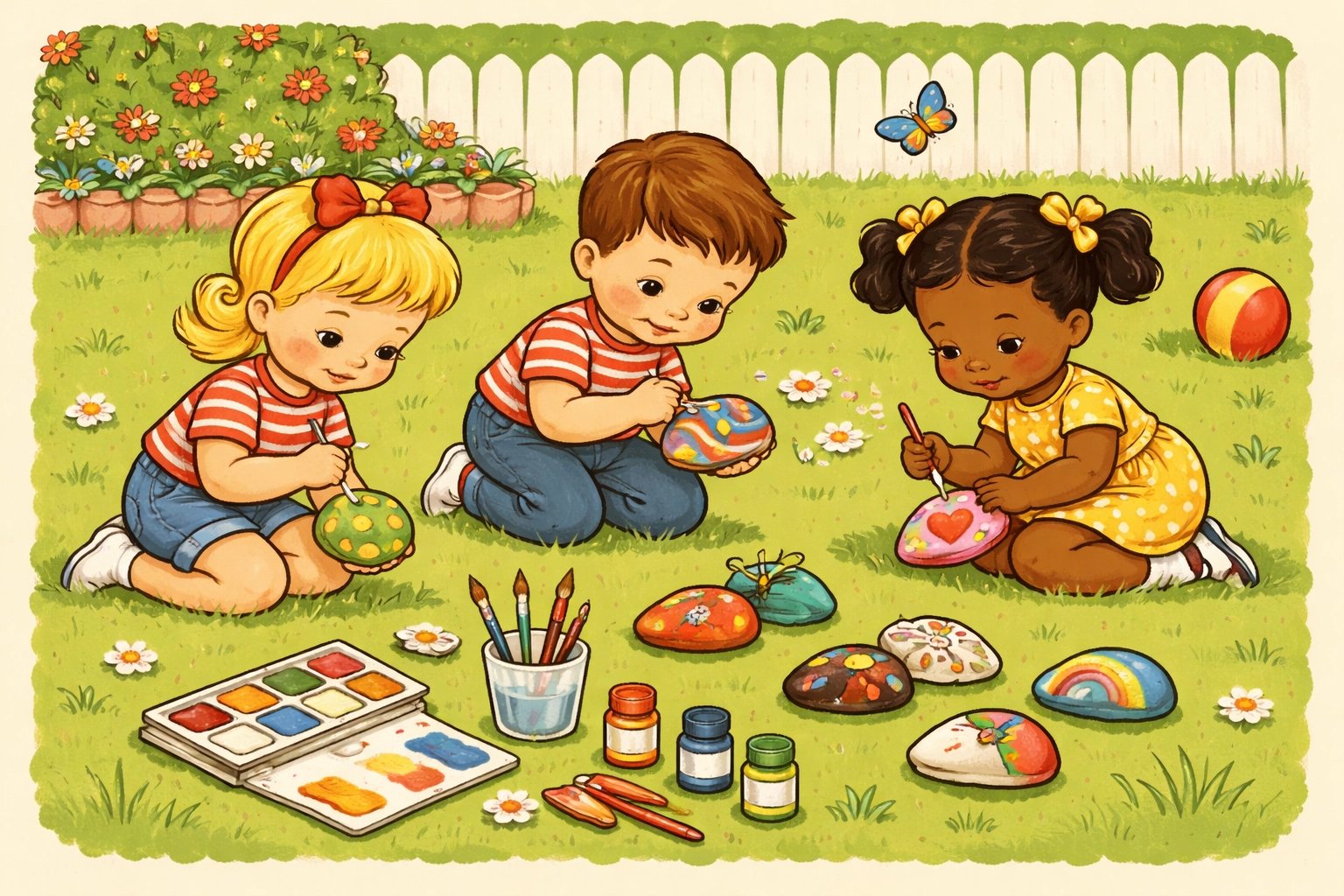 Children enjoying outdoor activities by painting colorful rocks on a sunny backyard lawn