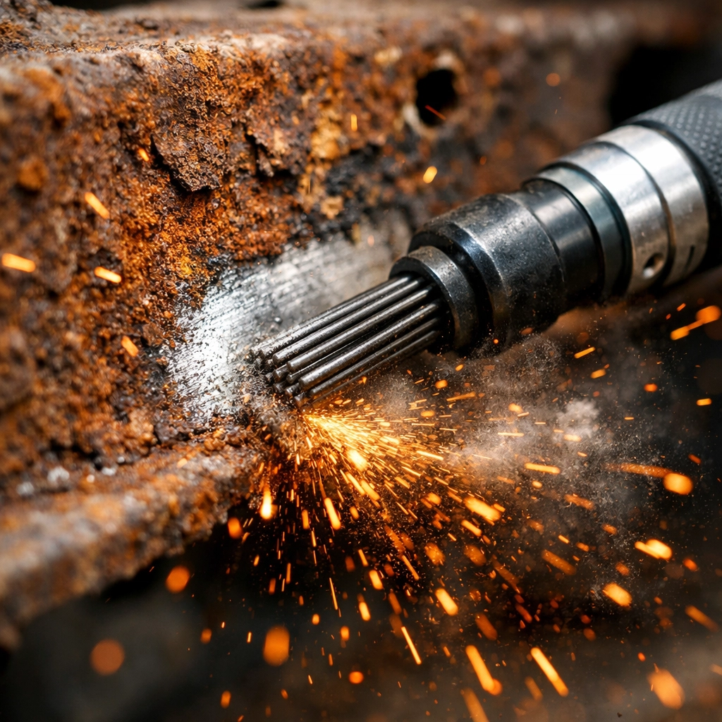 Mechanical rust removal on a vehicle chassis revealing clean bare metal during a professional restoration.