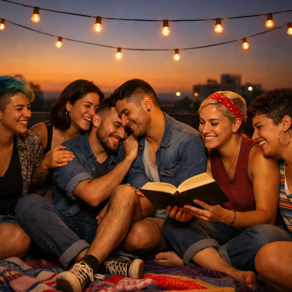 A diverse group of Latinx queer friends celebrates chosen family together on a rooftop under string lights.