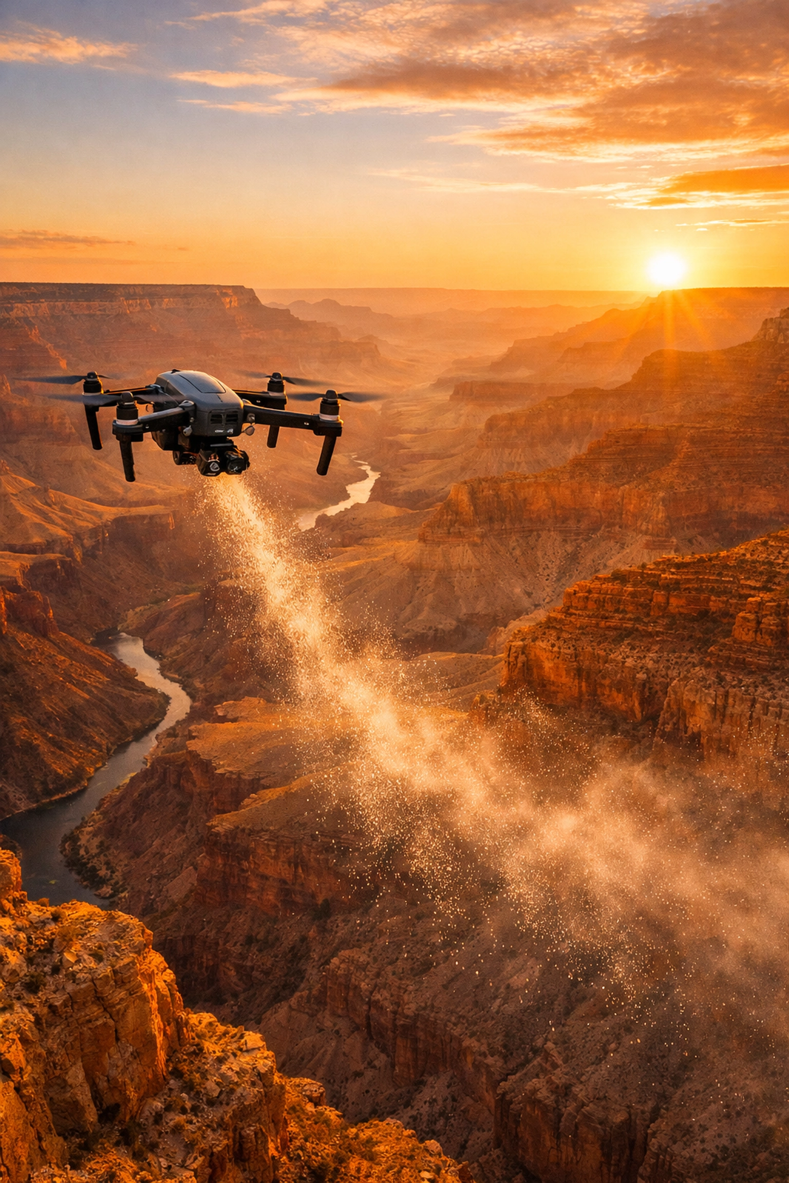 Drone ash scattering ceremony at Grand Canyon during sunset memorial service