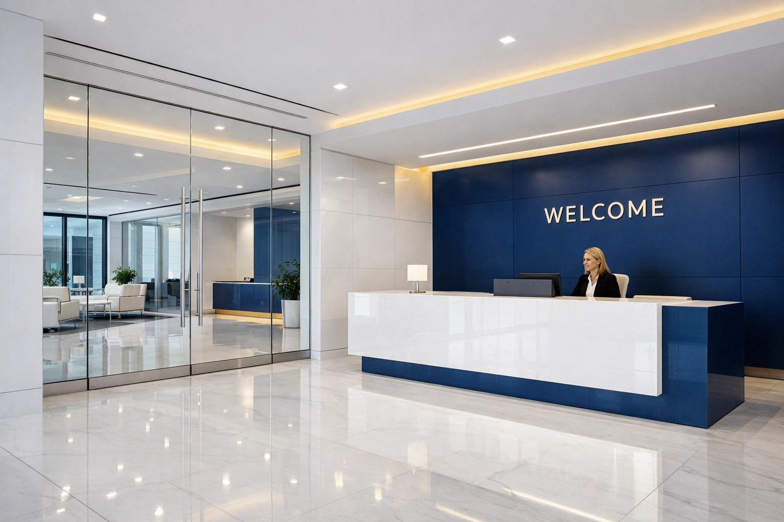 Impeccably clean modern non-profit lobby in Waltham with polished white floors.