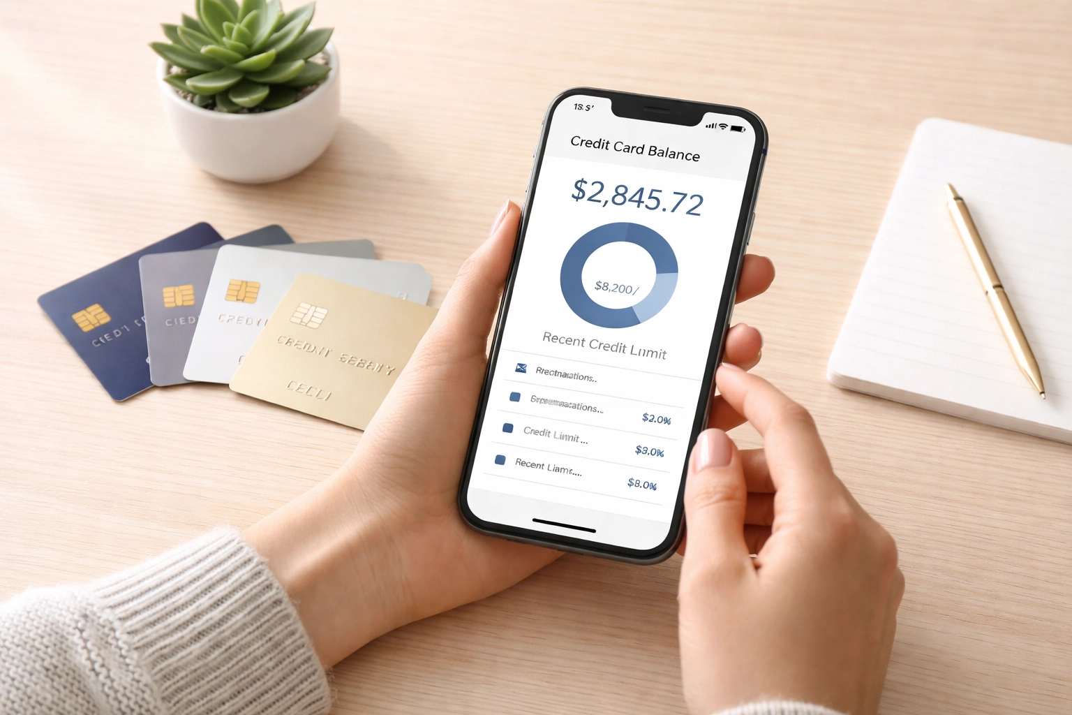 Person checking credit card balances on smartphone to monitor credit utilization ratio