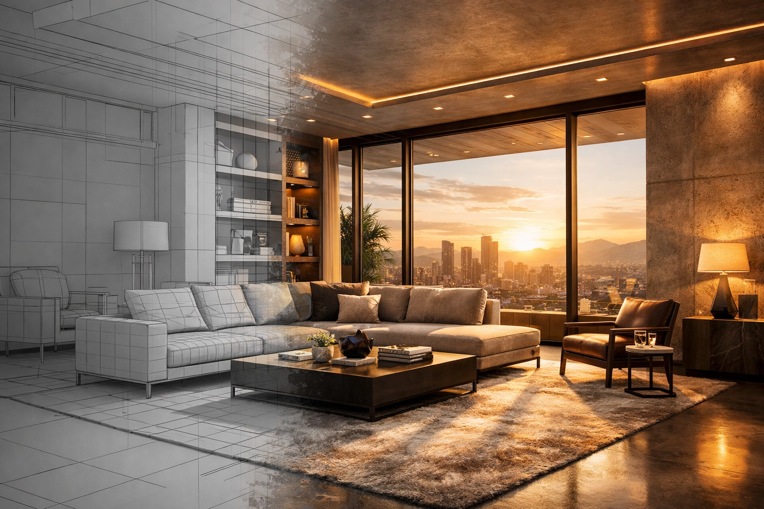 Comparison of an unfinished structural layout and a photorealistic luxury living room visualization.