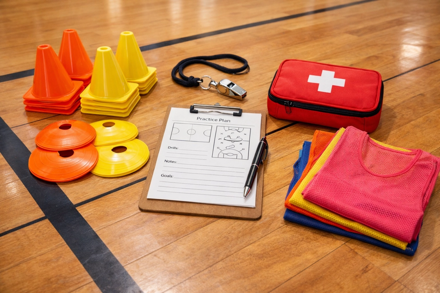 Essential coaching equipment organized on gym floor including cones, whistle, and first aid kit