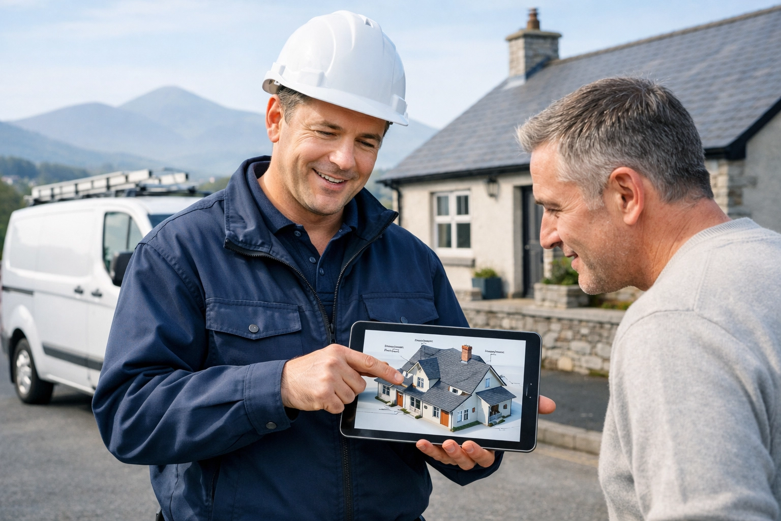 Professional roof survey in Newry by Advanced Construction & Roofing specialist with Mourne Mountains backdrop.