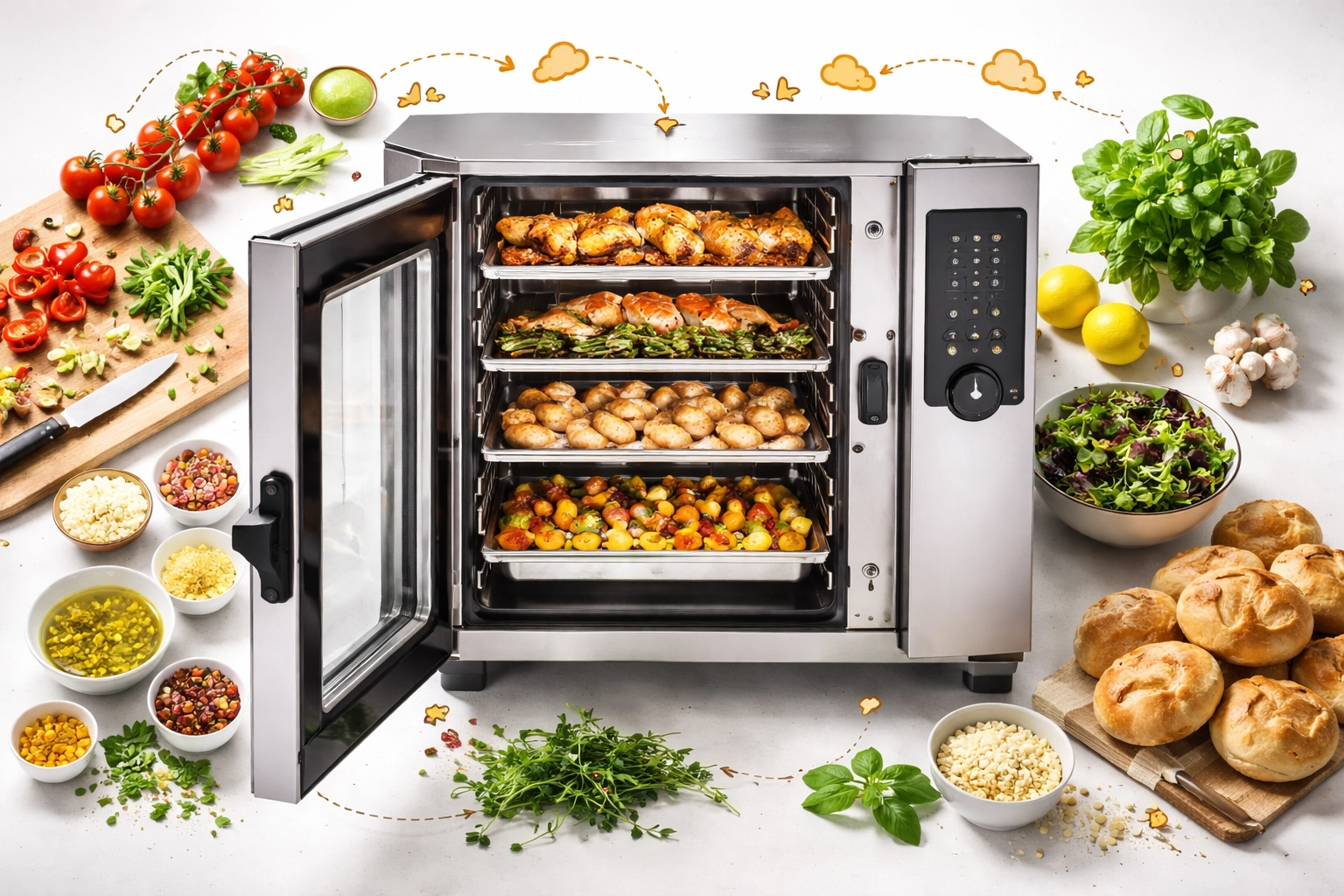 Commercial kitchen station with a combi oven preparing multiple dishes, surrounded by colorful fresh ingredients