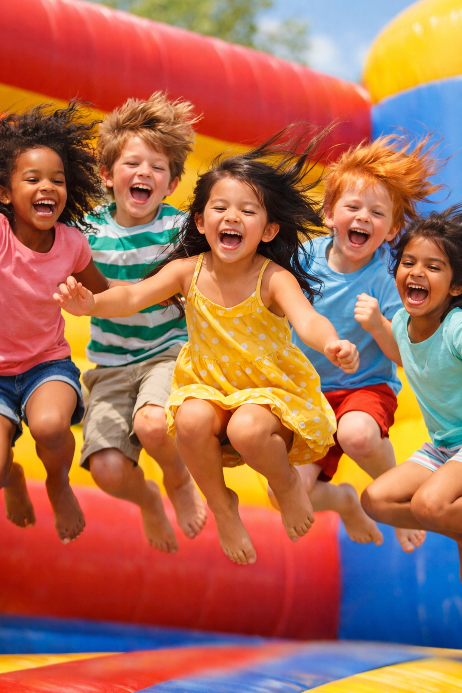 Diverse group of children laughing and jumping inside a vibrant birthday party bounce house.