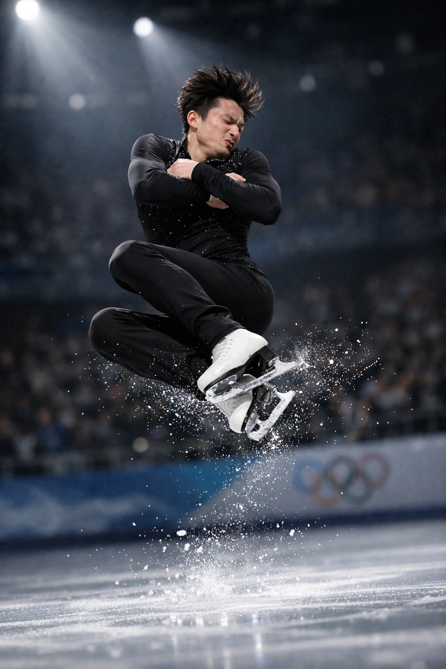 Olympia Eiskunstlauf Athlet bei Sprung auf Eisfläche während Wettkampf