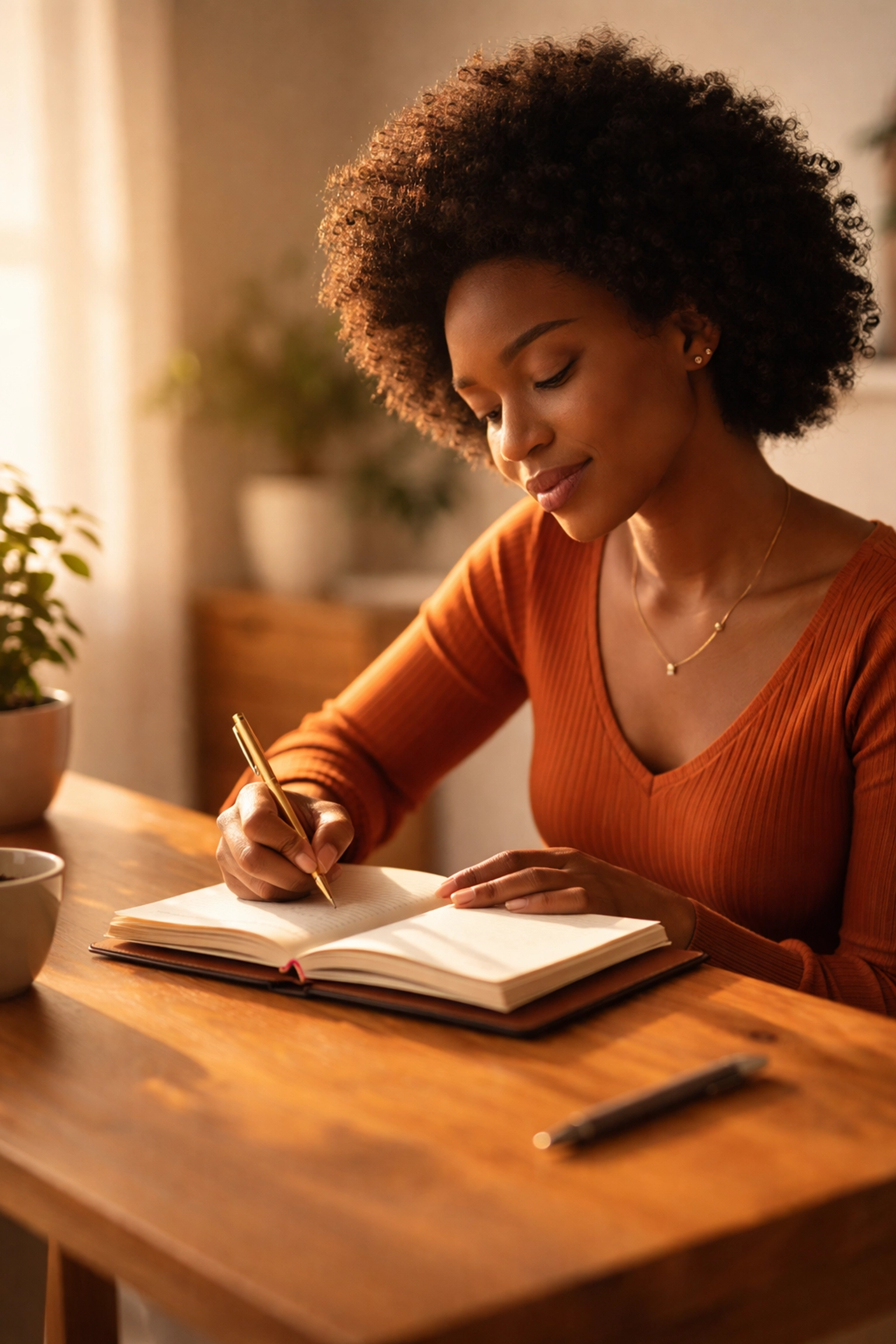 Nigerian woman with an afro journaling at her desk, reflecting on deep connections and a blank page for writing.