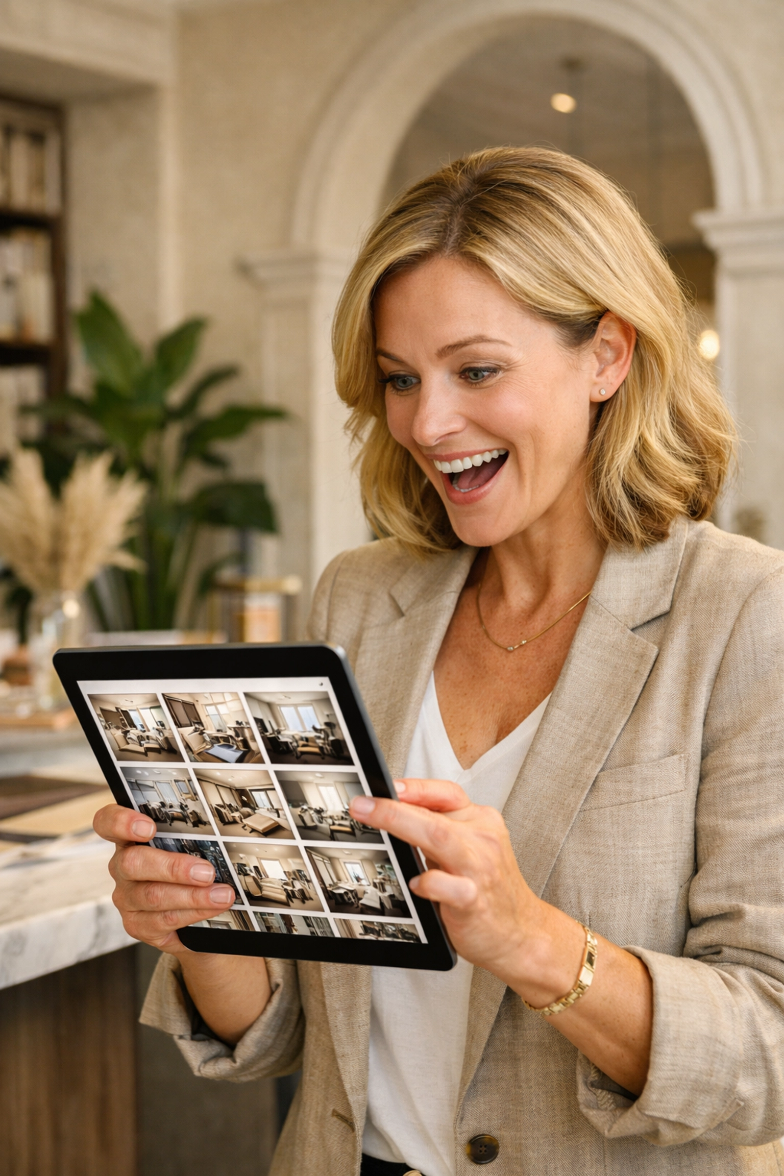 Satisfied client viewing a crisp, fast-loading digital photography gallery on a tablet in a sunlit studio.