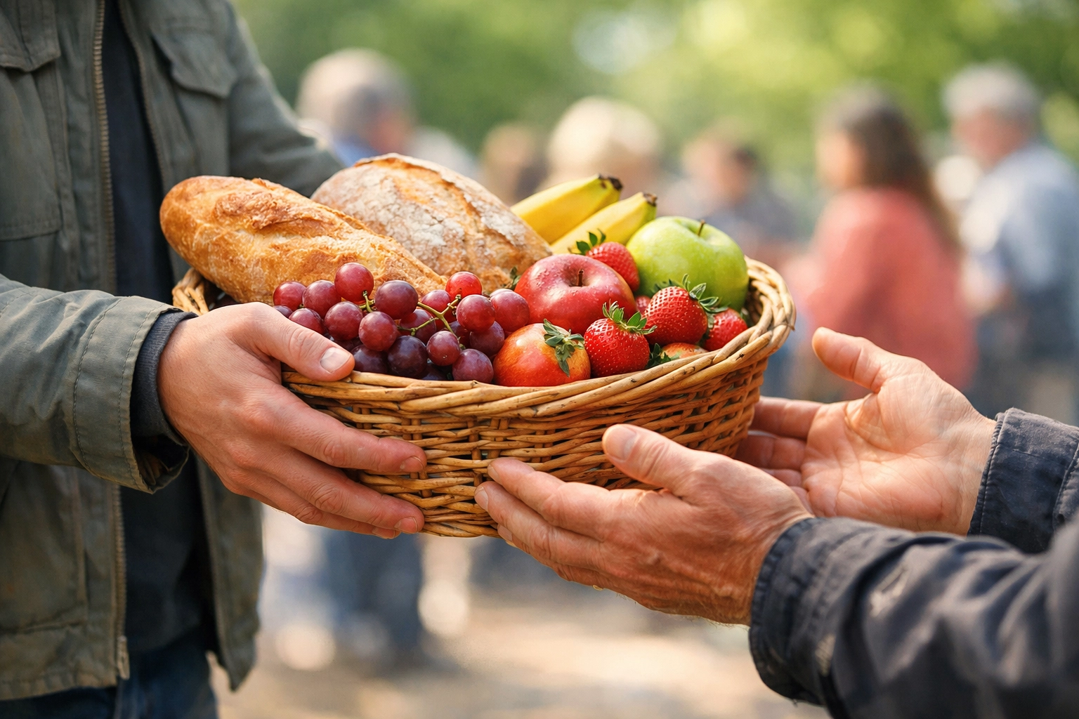 Hands sharing food, showing the mission of the church at First Assembly Memphis and Boundless Online Church.