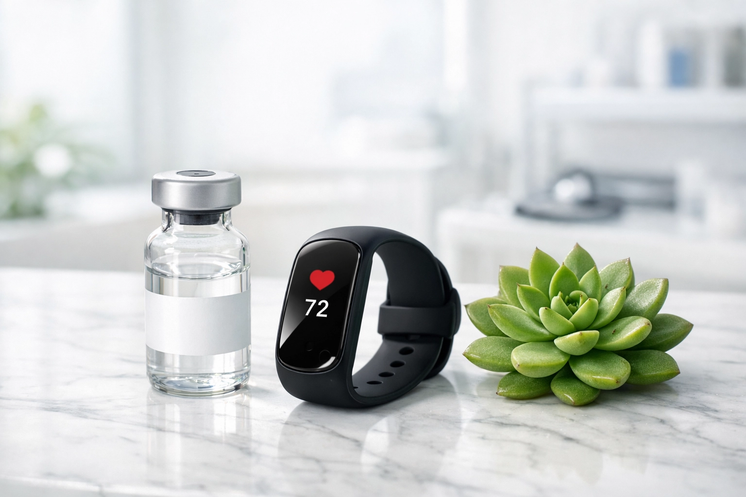 Medical vial and wellness tracker on a desk, illustrating professional compounded semaglutide options.