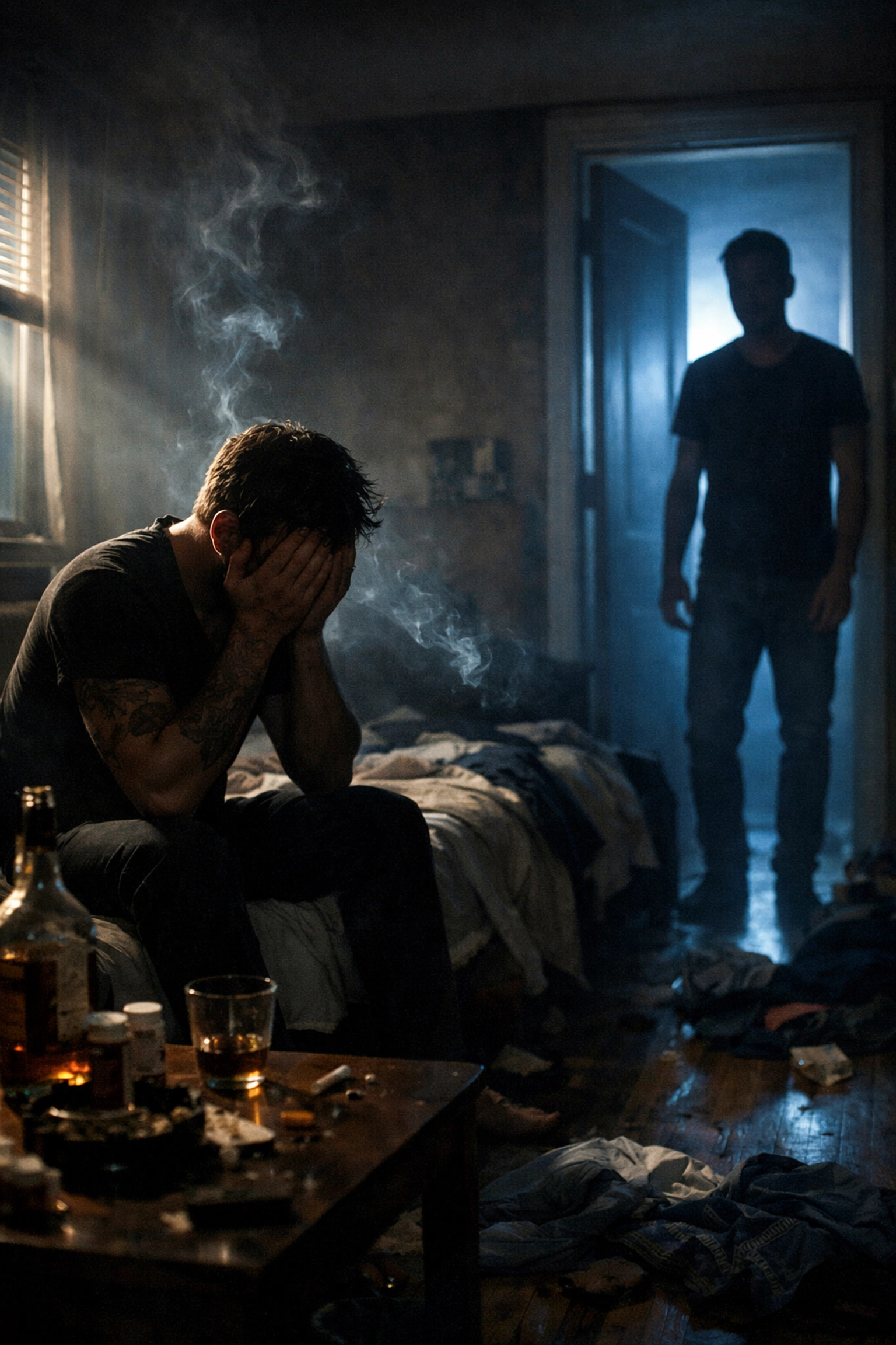 A gay couple experiencing emotional distance and heartbreak in a dark room due to the toll of addiction.