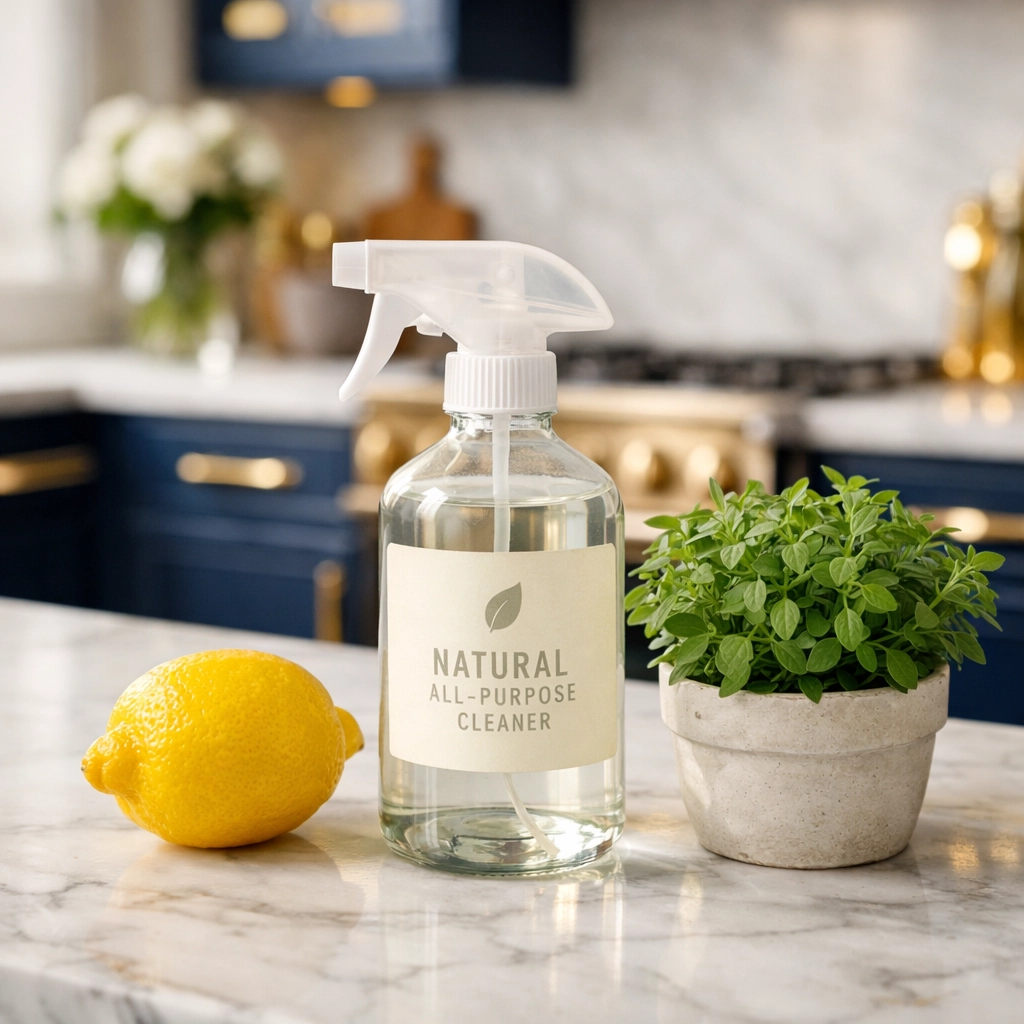 Eco-friendly cleaning supplies on a kitchen island highlighting green house cleaning in Milford.