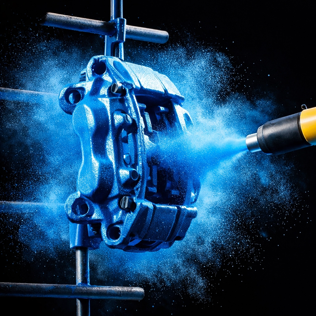 Brake caliper powder coating process showing electrostatic application in professional workshop